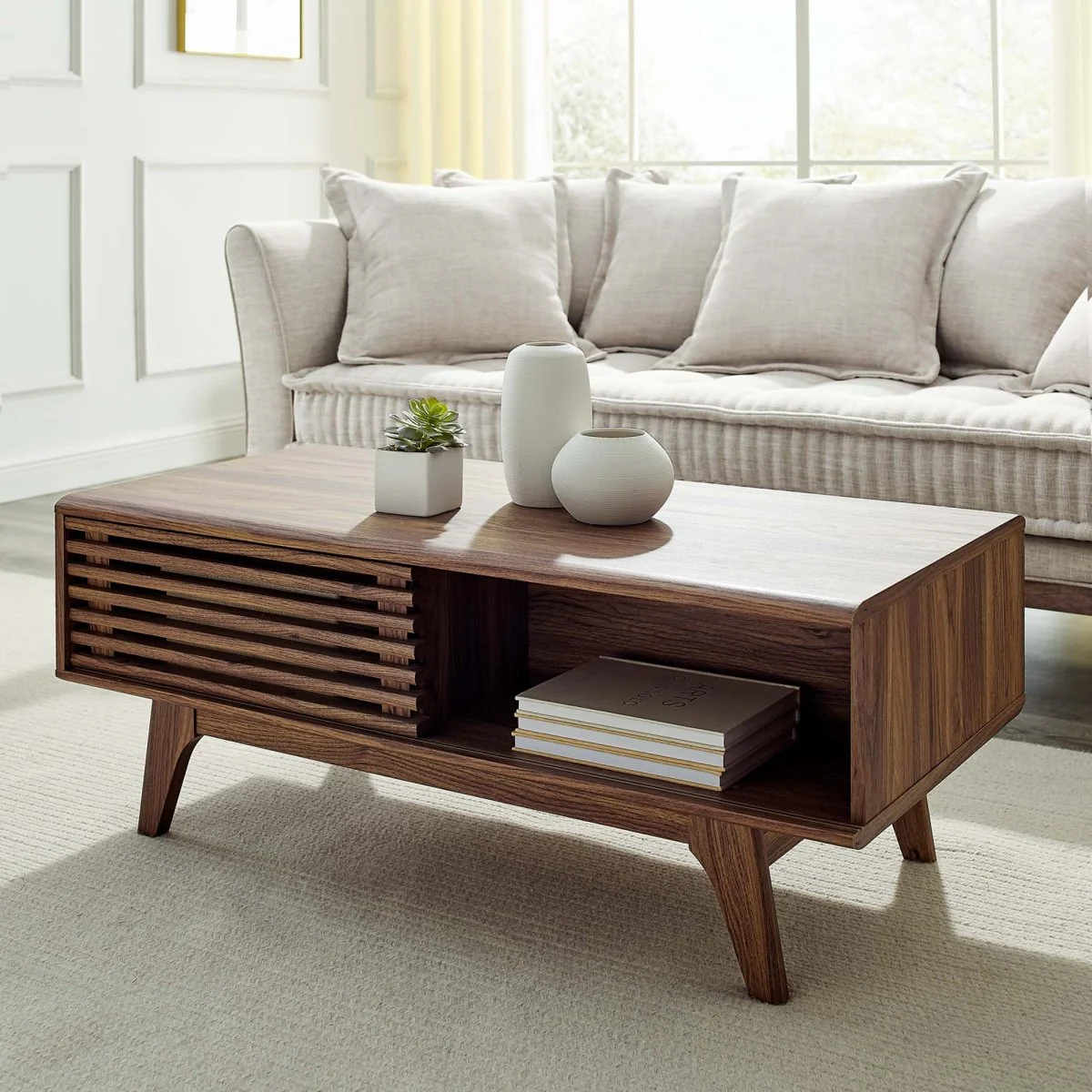 43 Inch Mid-Century Slat-Door Coffee Table in Walnut - Image 6