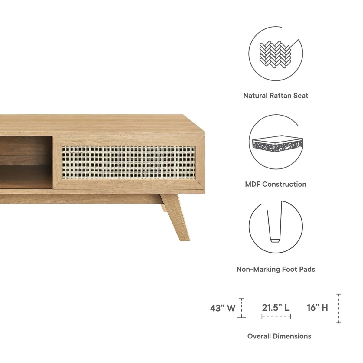 43 Inch Organic Rattan Sliding Door Coffee Table - Image 2