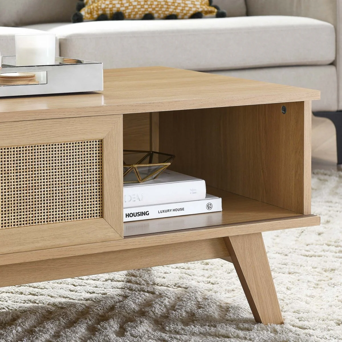43 Inch Organic Rattan Sliding Door Coffee Table - Image 3