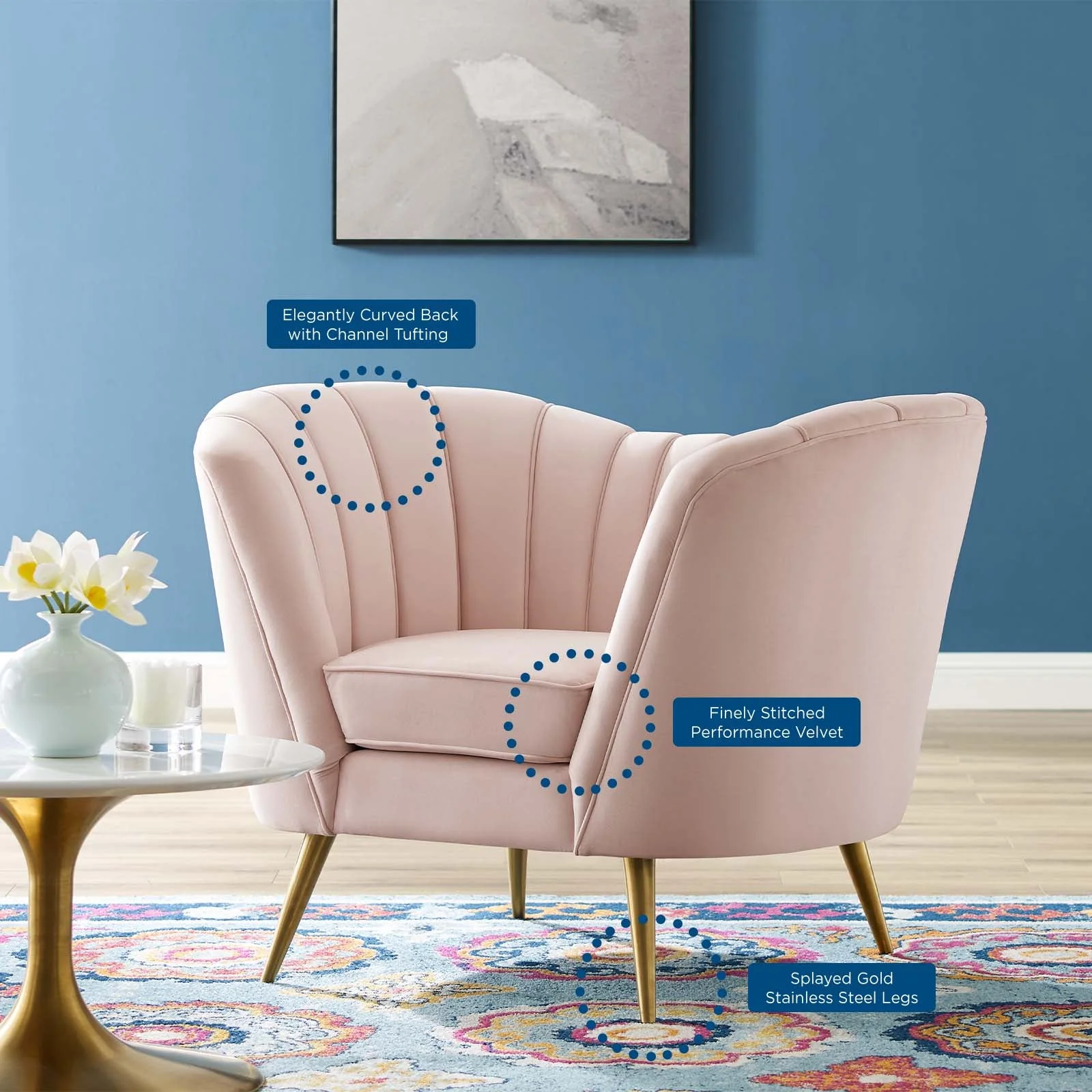 44 Inch Opportunity Performance Velvet Armchair with Vertical Channel Tufting and Gold Legs - Image 10