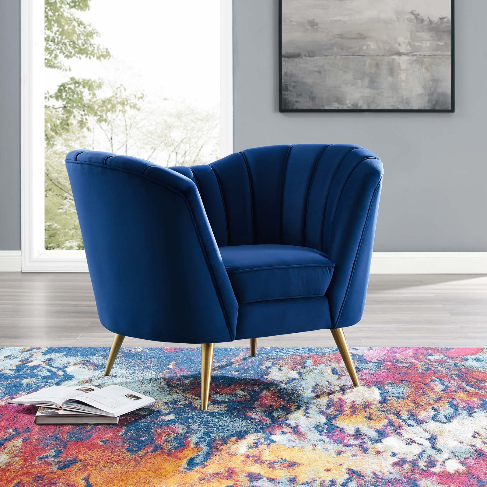44 Inch Opportunity Performance Velvet Armchair with Vertical Channel Tufting and Gold Legs - Image 7