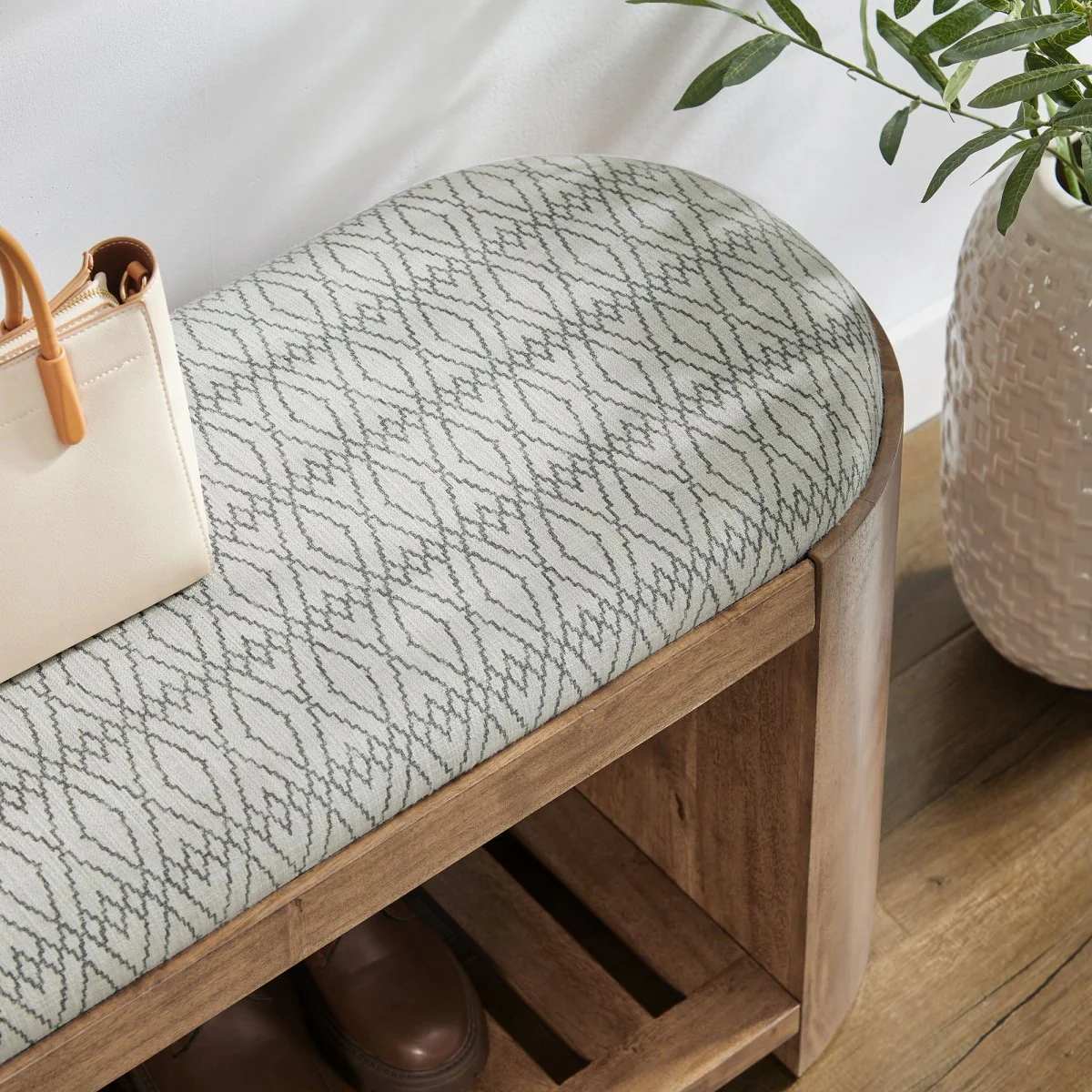 45 Inch Geometric Upholstered Bench with Solid Acacia Wood and Storage Shelf - Image 4