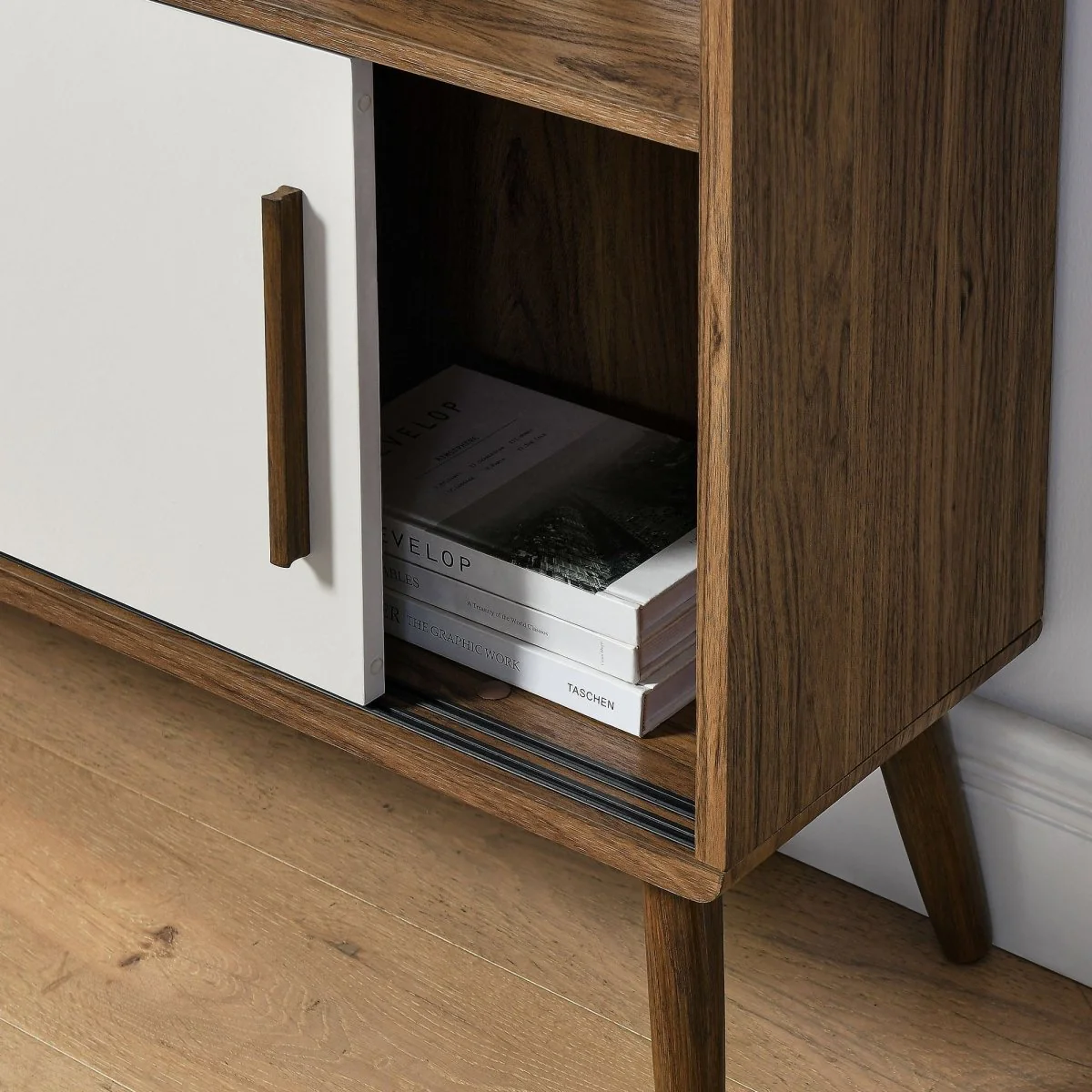 45" Wide Mid-Century Four-Tier Bookcase with Sliding Doors - Image 11