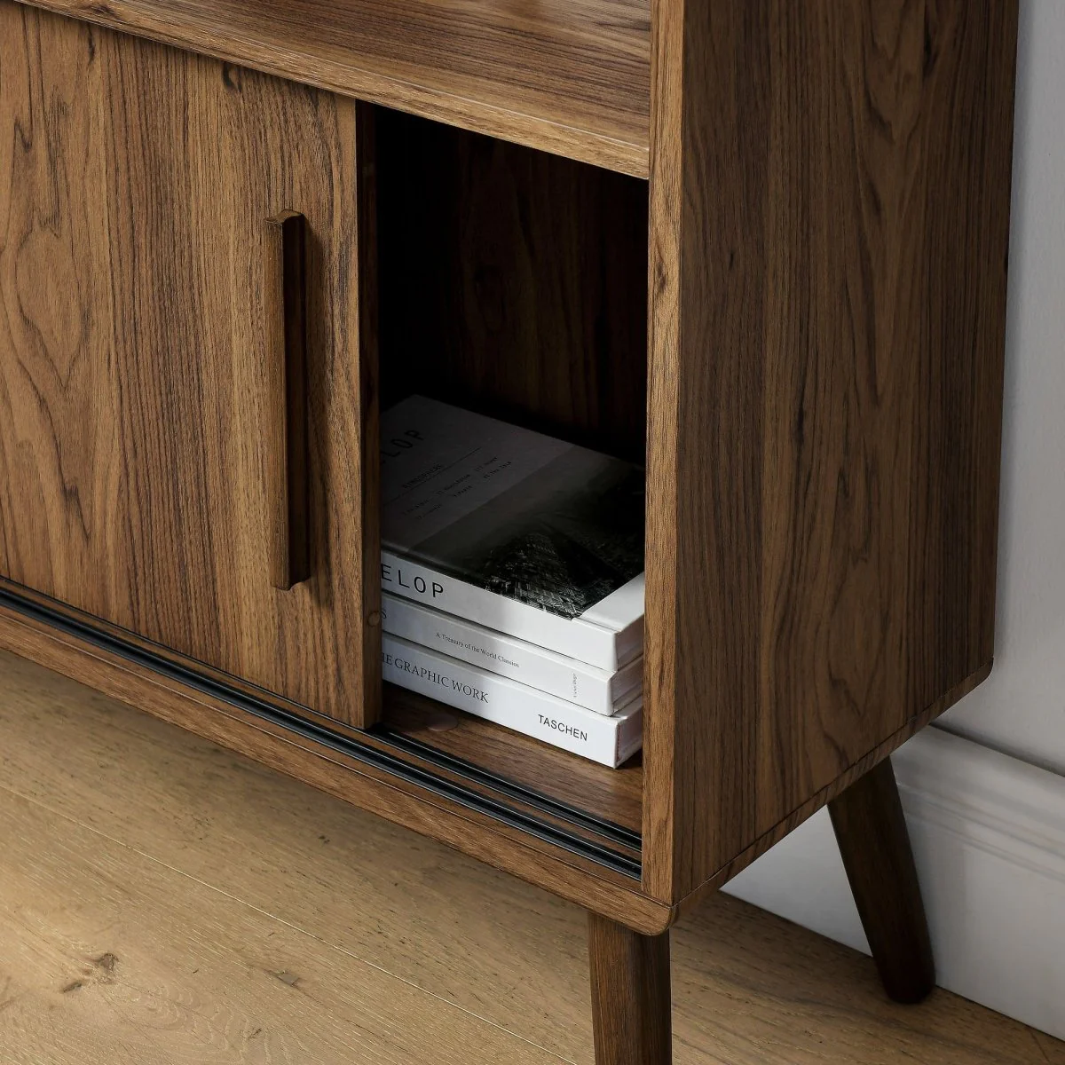 45" Wide Mid-Century Four-Tier Bookcase with Sliding Doors - Image 4