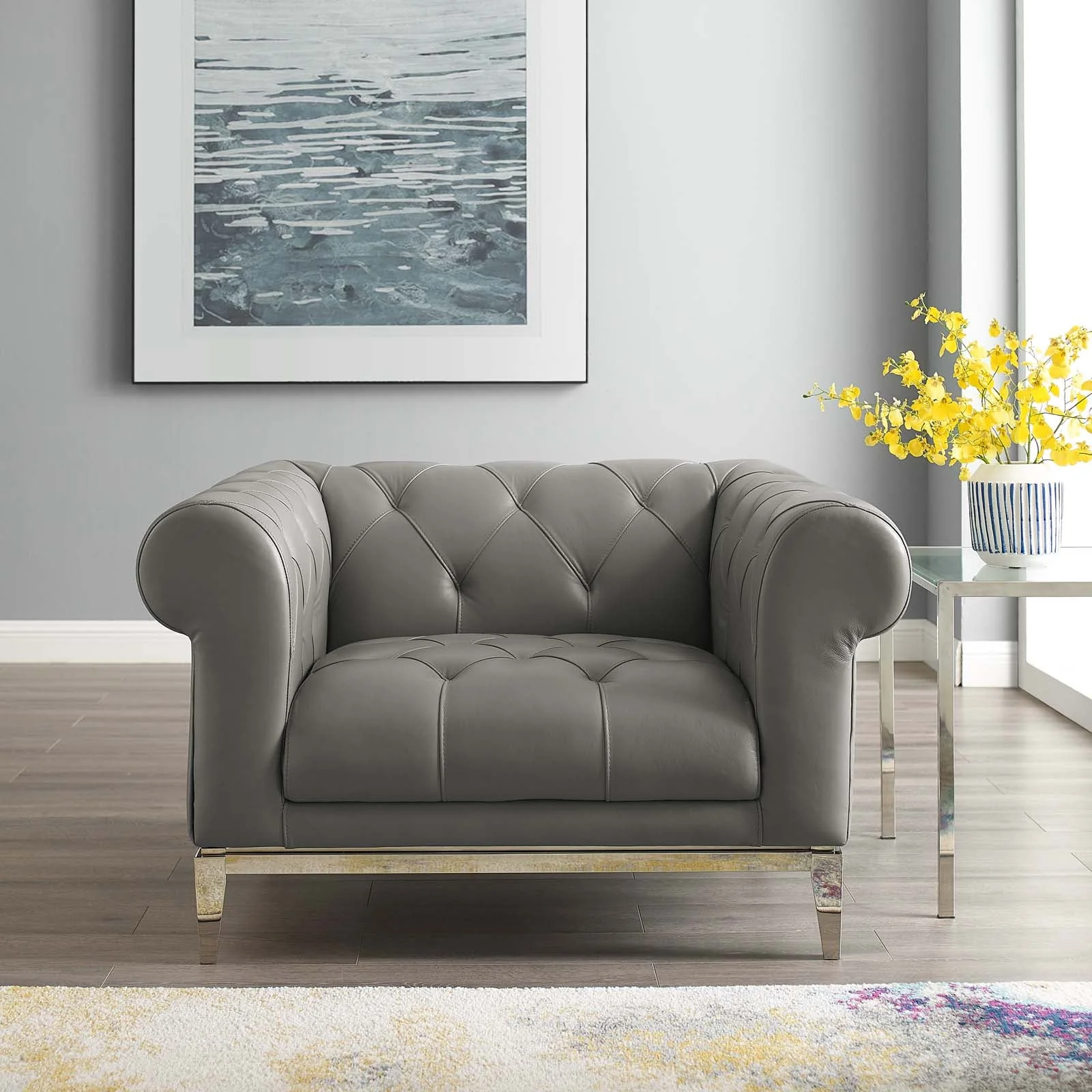 46 Inch Tufted Leather Chesterfield Armchair with Polished Stainless Steel Base - Image 3