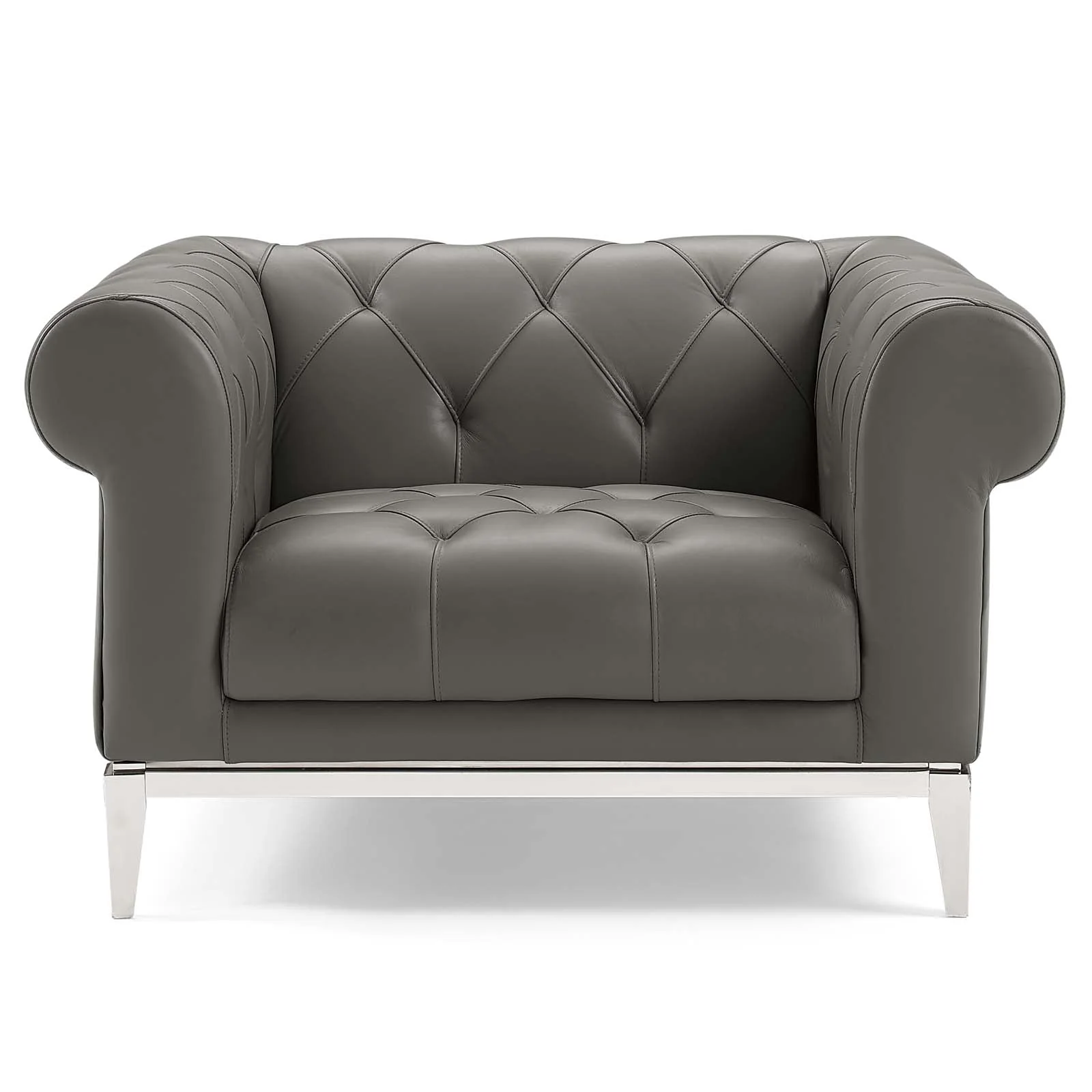 46 Inch Tufted Leather Chesterfield Armchair with Polished Stainless Steel Base - Image 5