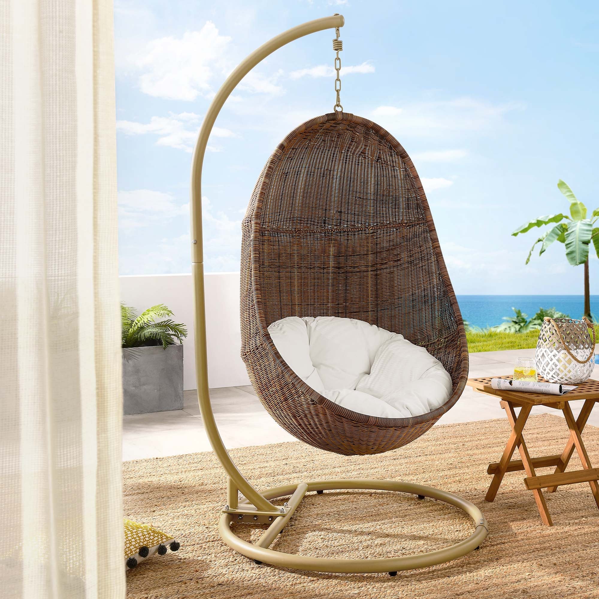 47" Coffee and White Outdoor Rattan Swing Chair with Stand - Image 10
