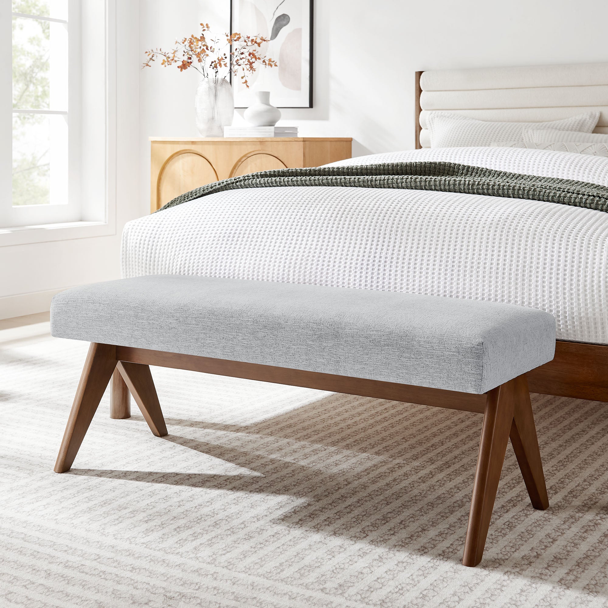 47 Inch Boucle Upholstered Accent Bench with Splayed Rubberwood Legs - Image 35
