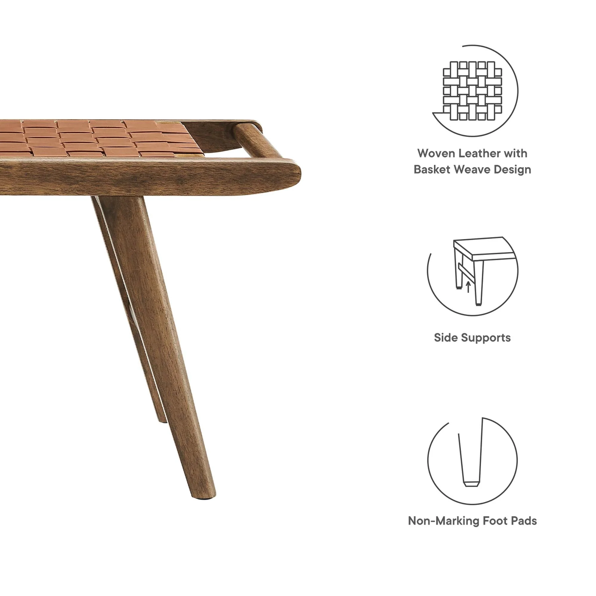 47 Inch Woven Faux Leather and Solid Wood Bench with Basket Weave Design - Image 9