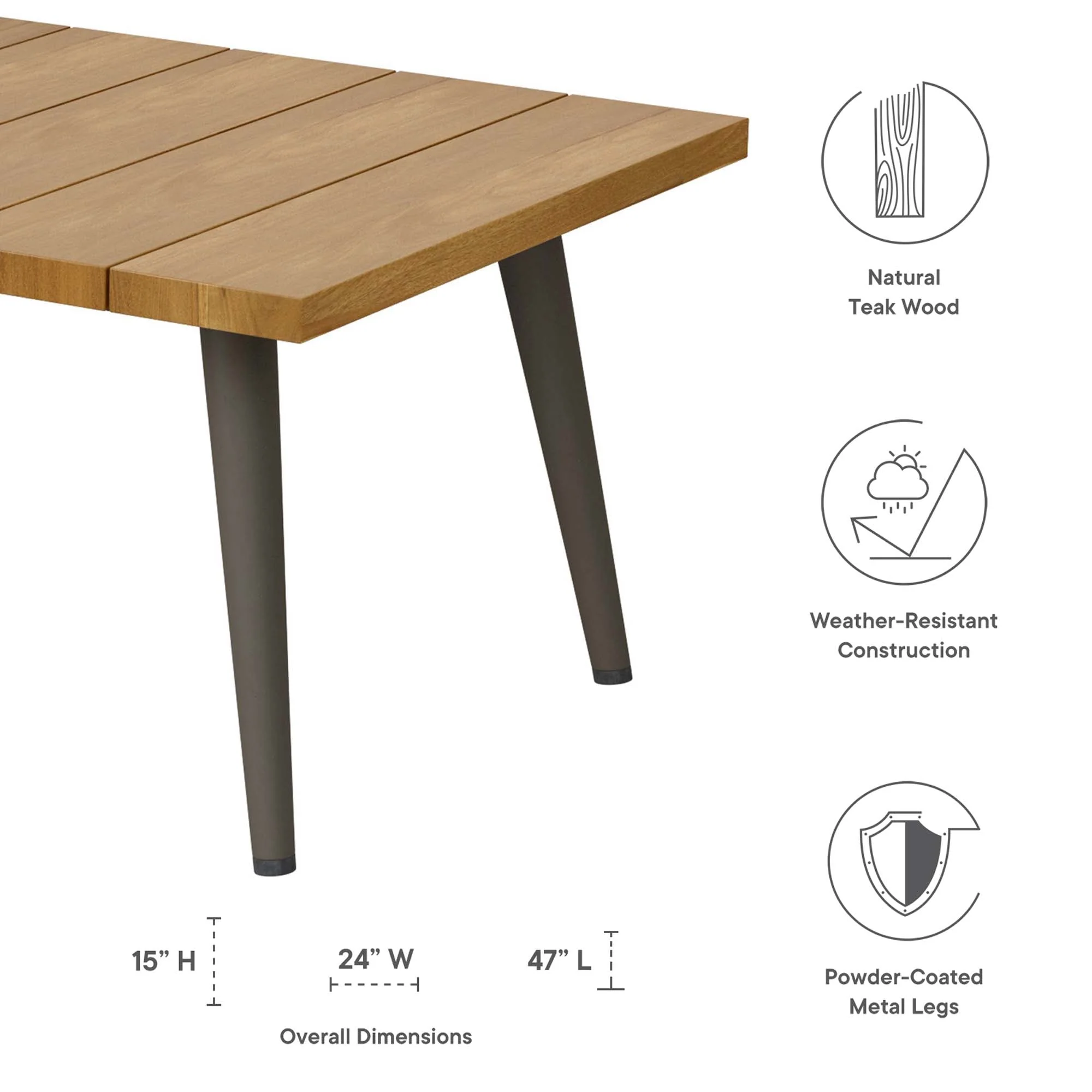 47" Natural Taupe Teak Wood & Metal Outdoor Patio Coffee Table - Image 2