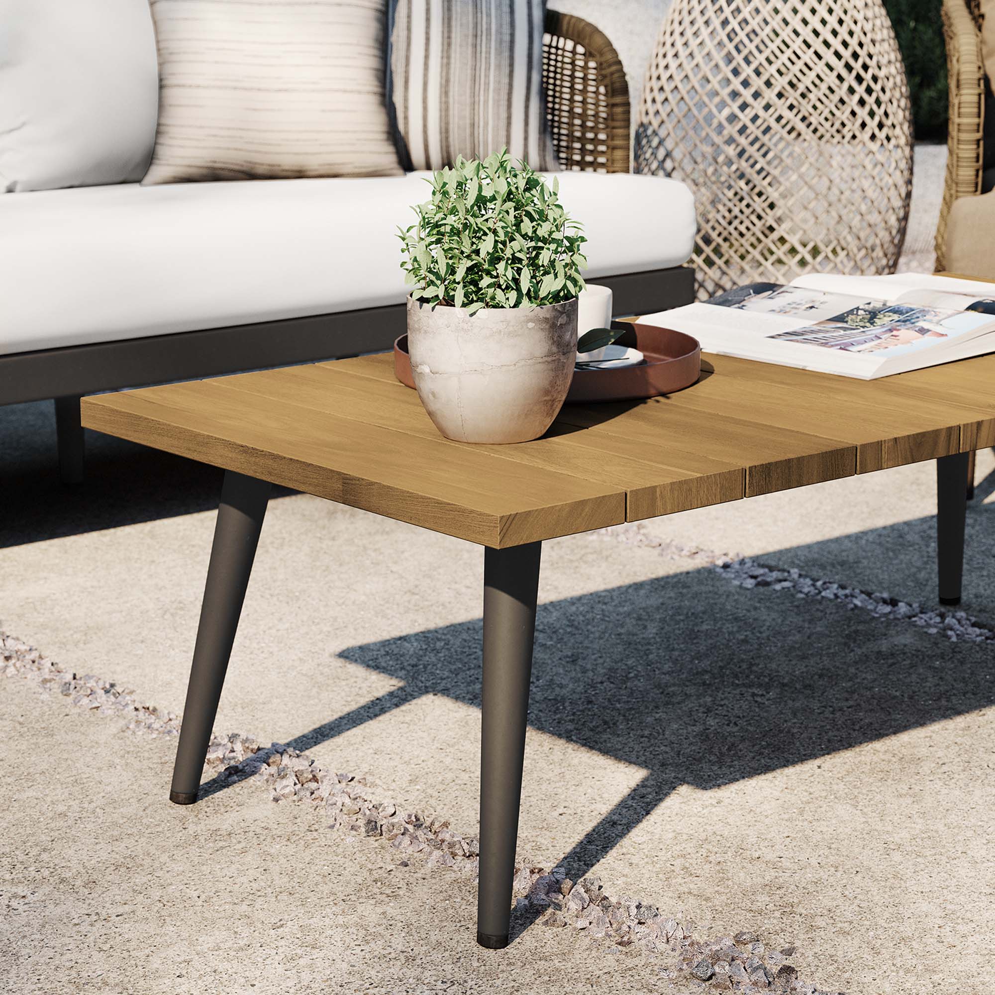 47" Natural Taupe Teak Wood & Metal Outdoor Patio Coffee Table - Image 3