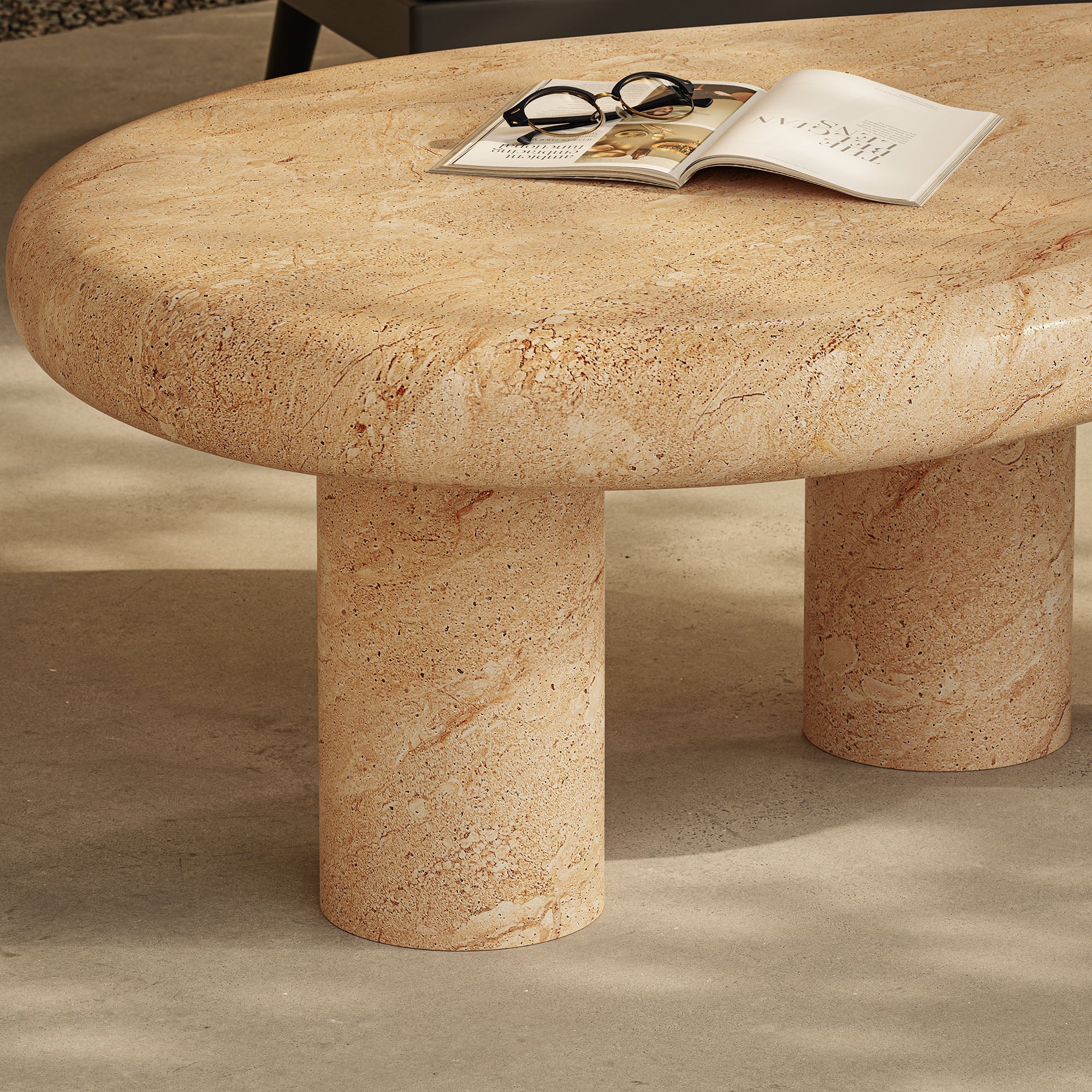 47" Travertine Concrete Indoor Outdoor Kidney-Shaped Coffee Table - Image 5