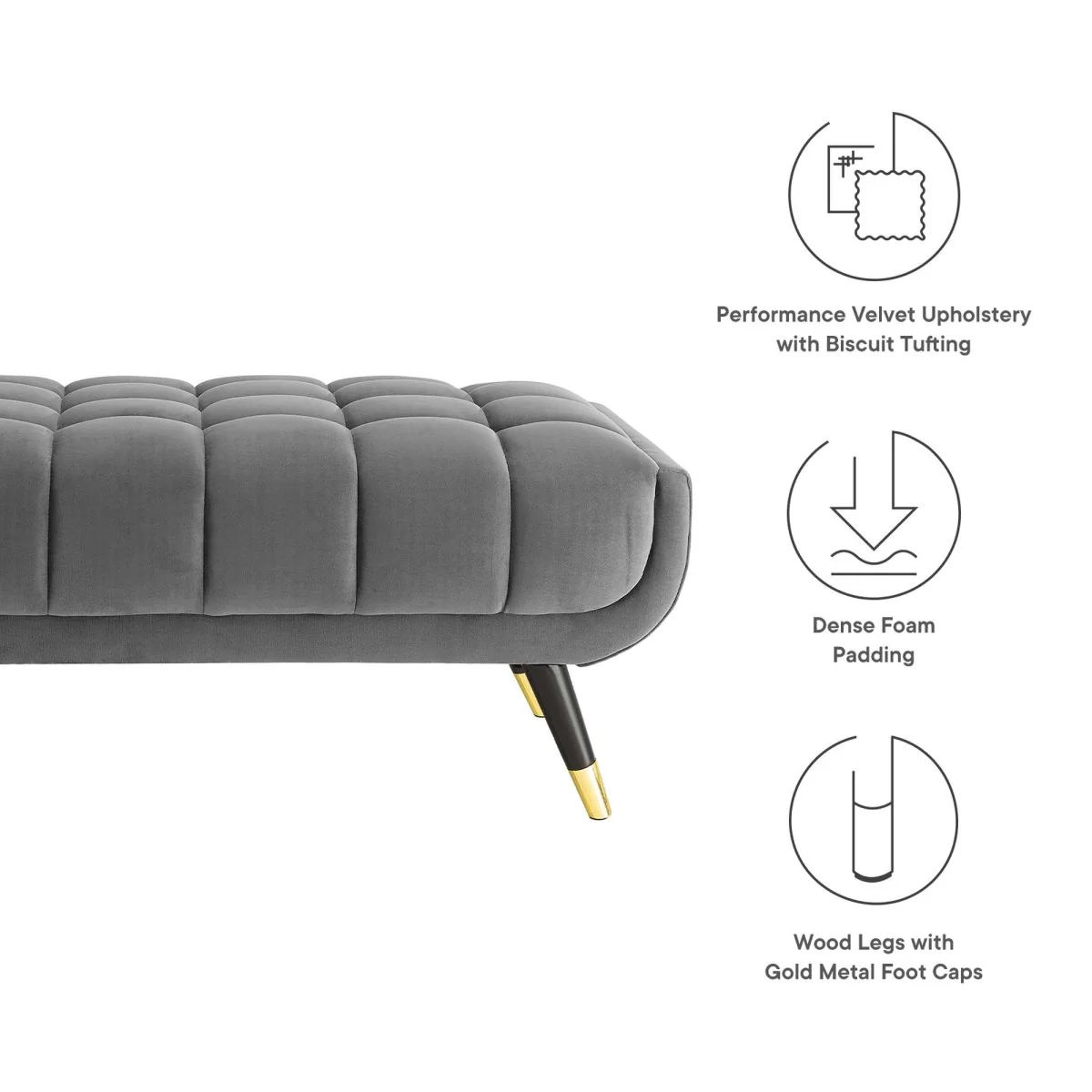 48 Inch Performance Velvet Accent Bench with Gold Metal Caps - Image 2