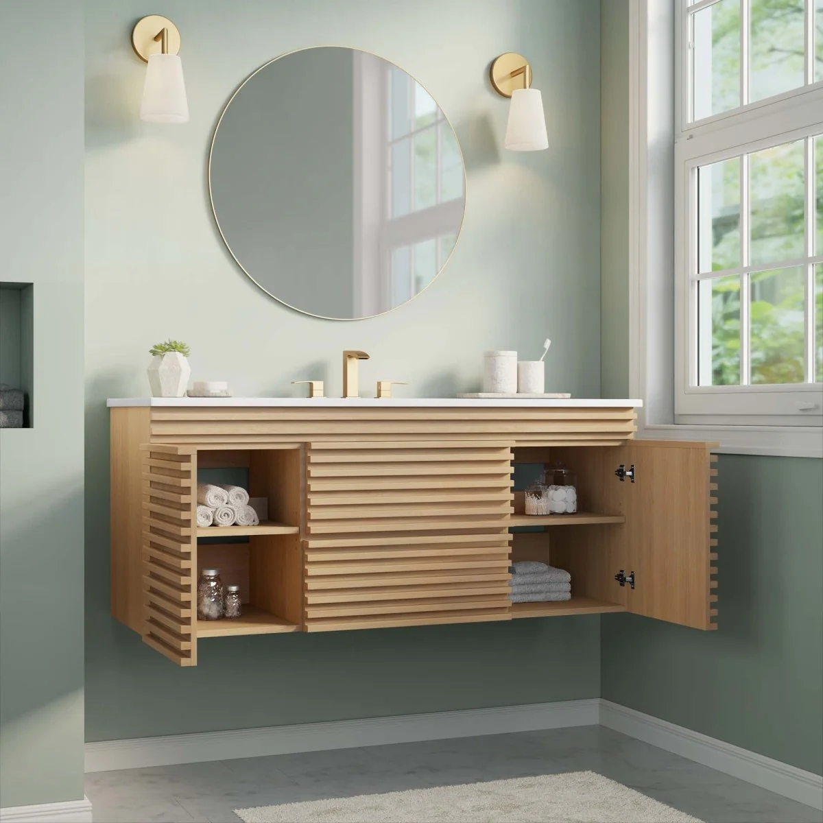 48" Wall-Mount Double Sink Bathroom Vanity — Modern Floating Design with Cabinet Storage - Image 143