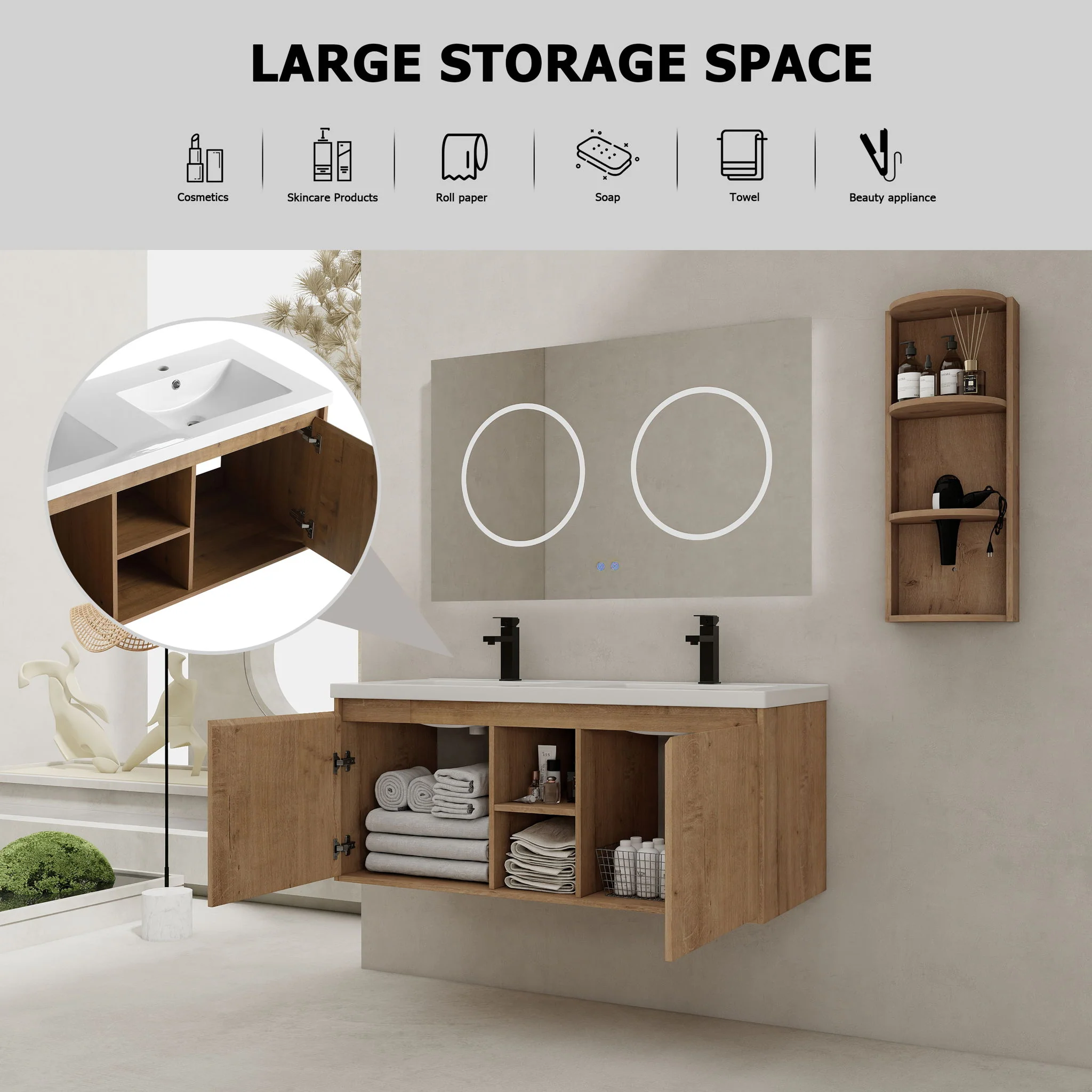 48" Wall Mounted Bathroom Vanity With Double Resin Sink And Storage Rack Soft Close Doors Plywood Construction - Imitative Oak - Image 2