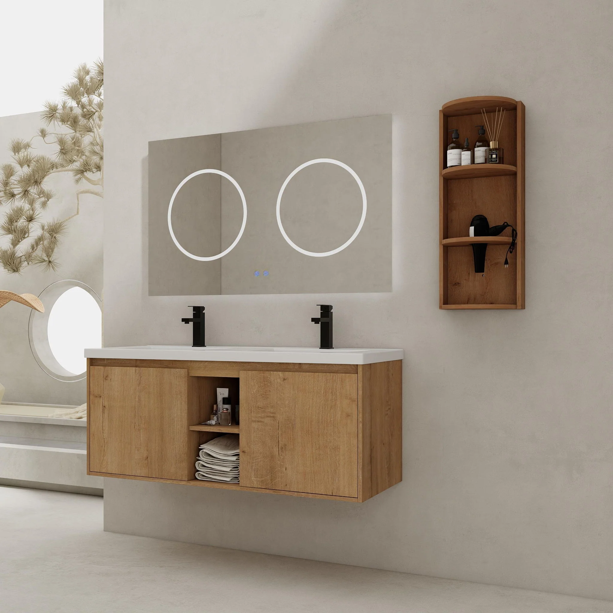 48" Wall Mounted Bathroom Vanity With Double Resin Sink And Storage Rack Soft Close Doors Plywood Construction - Imitative Oak - Image 3