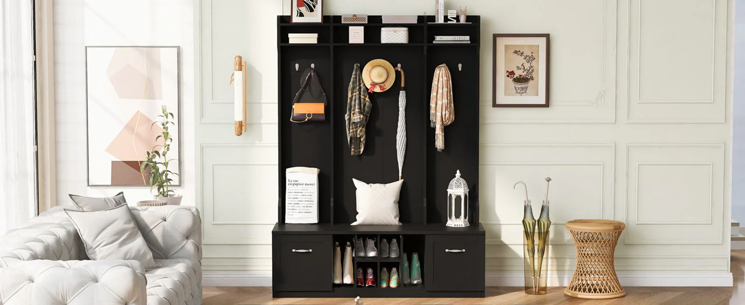 5 In 1 Entryway Bench With Coat Rack, 7 Sturdy Hooks, 2 Spacious Drawers And Adjustable Shelves - Image 12