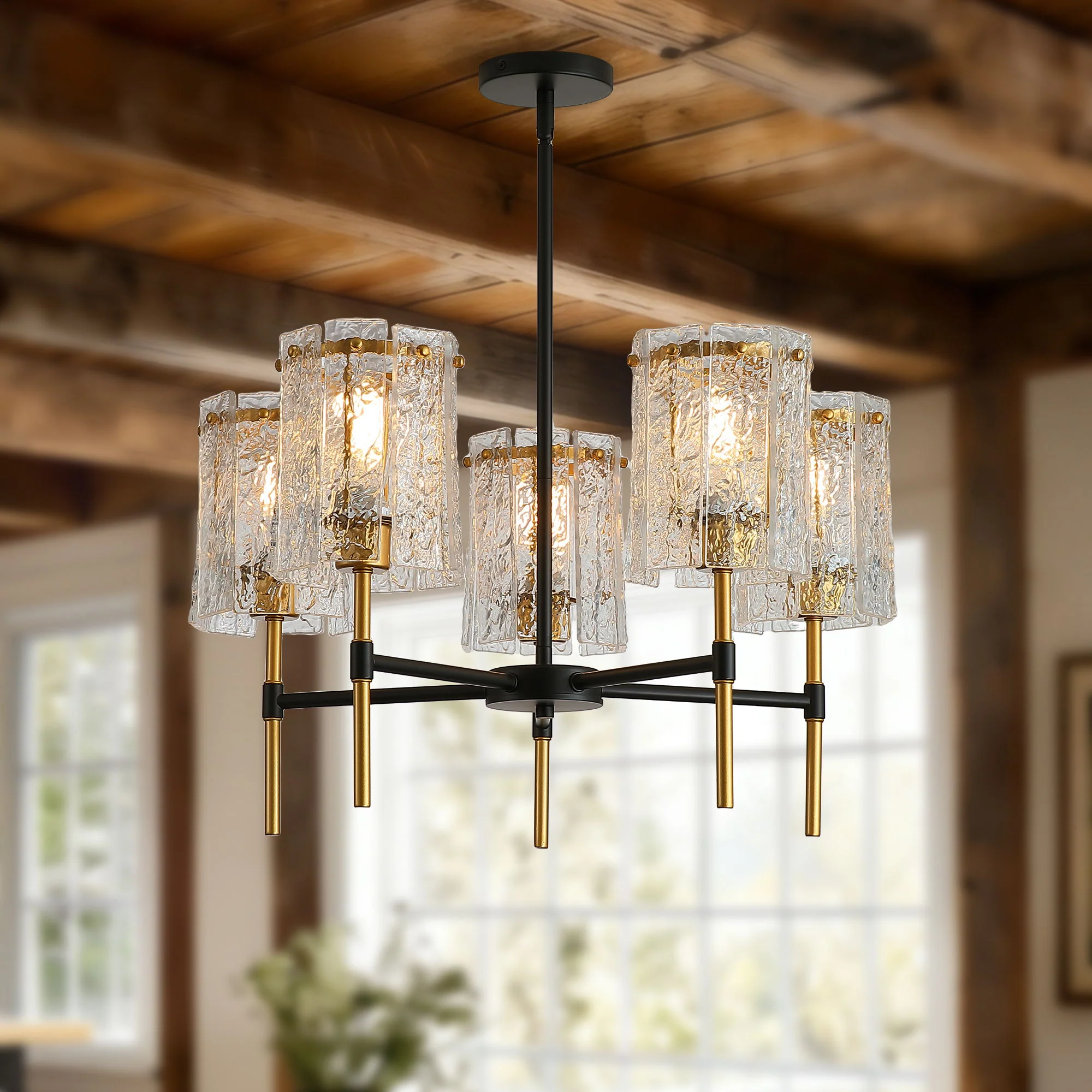 5 Light Chandelier, Textured Glass Pendant Light, (Not Including The Bulb) For Living Room - Black / Gold - Image 6