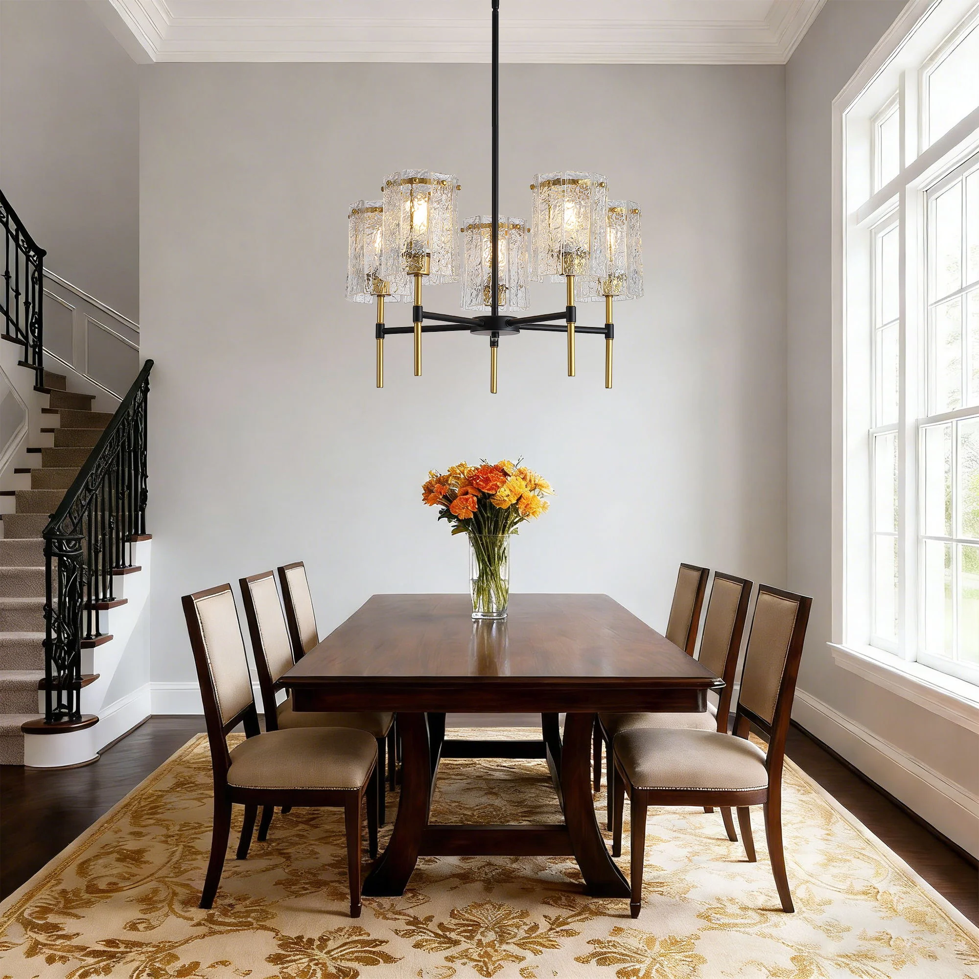 5 Light Chandelier, Textured Glass Pendant Light, (Not Including The Bulb) For Living Room - Black / Gold - Image 7