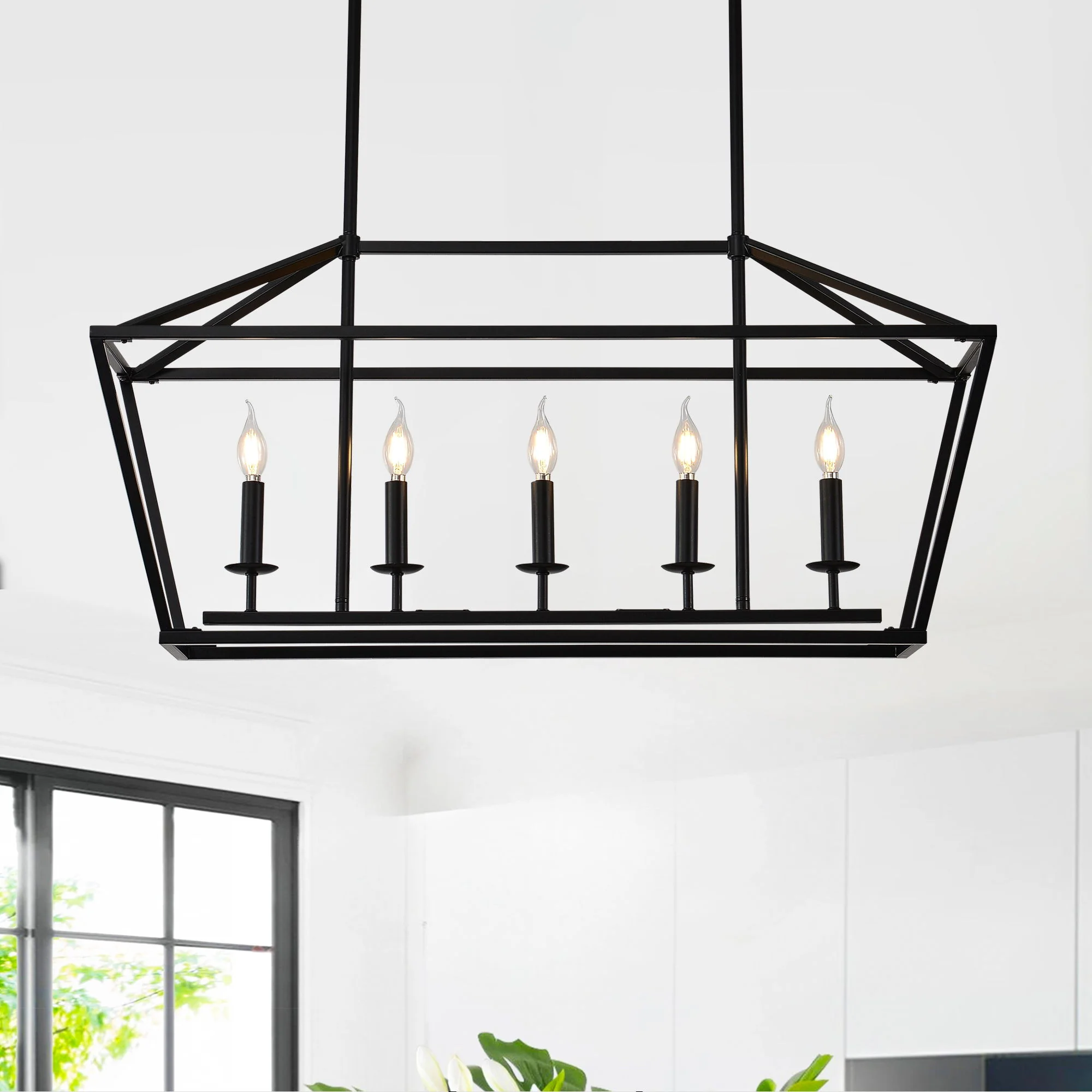 5 Light Farmhouse Kitchen Island Lighting, 5 Light Industrial Linear Chandelier For Dining Room Metal Hanging Pendant Light Fixture For Bedroom Living Room Hallway Conference Room - Matte Black - Image 2