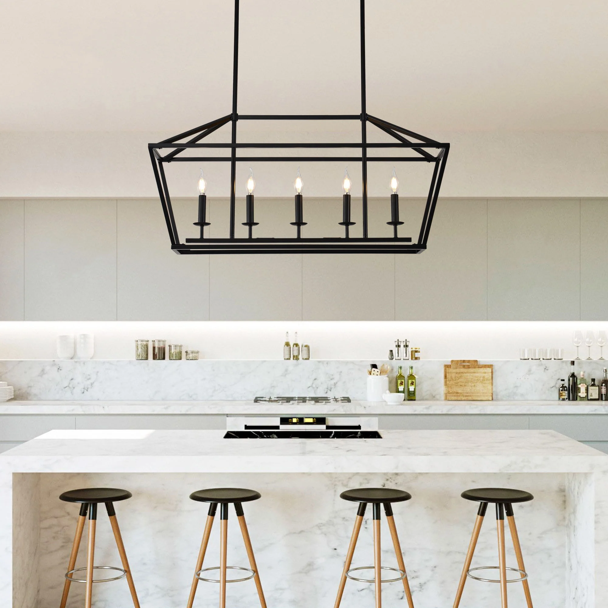 5 Light Farmhouse Kitchen Island Lighting, 5 Light Industrial Linear Chandelier For Dining Room Metal Hanging Pendant Light Fixture For Bedroom Living Room Hallway Conference Room - Matte Black - Image 3