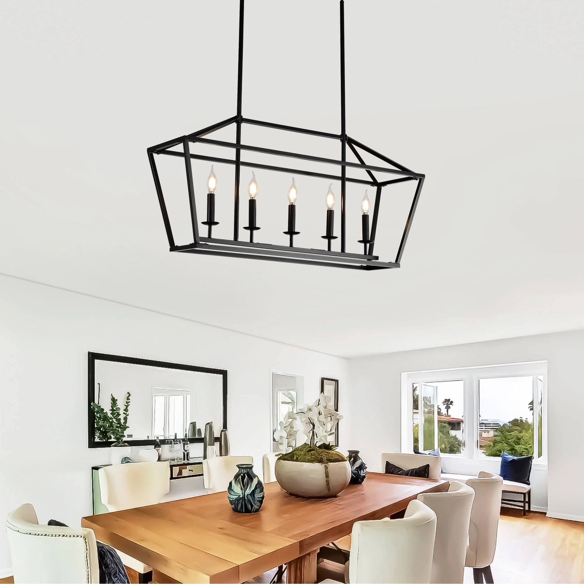 5 Light Farmhouse Kitchen Island Lighting, 5 Light Industrial Linear Chandelier For Dining Room Metal Hanging Pendant Light Fixture For Bedroom Living Room Hallway Conference Room - Matte Black - Image 4