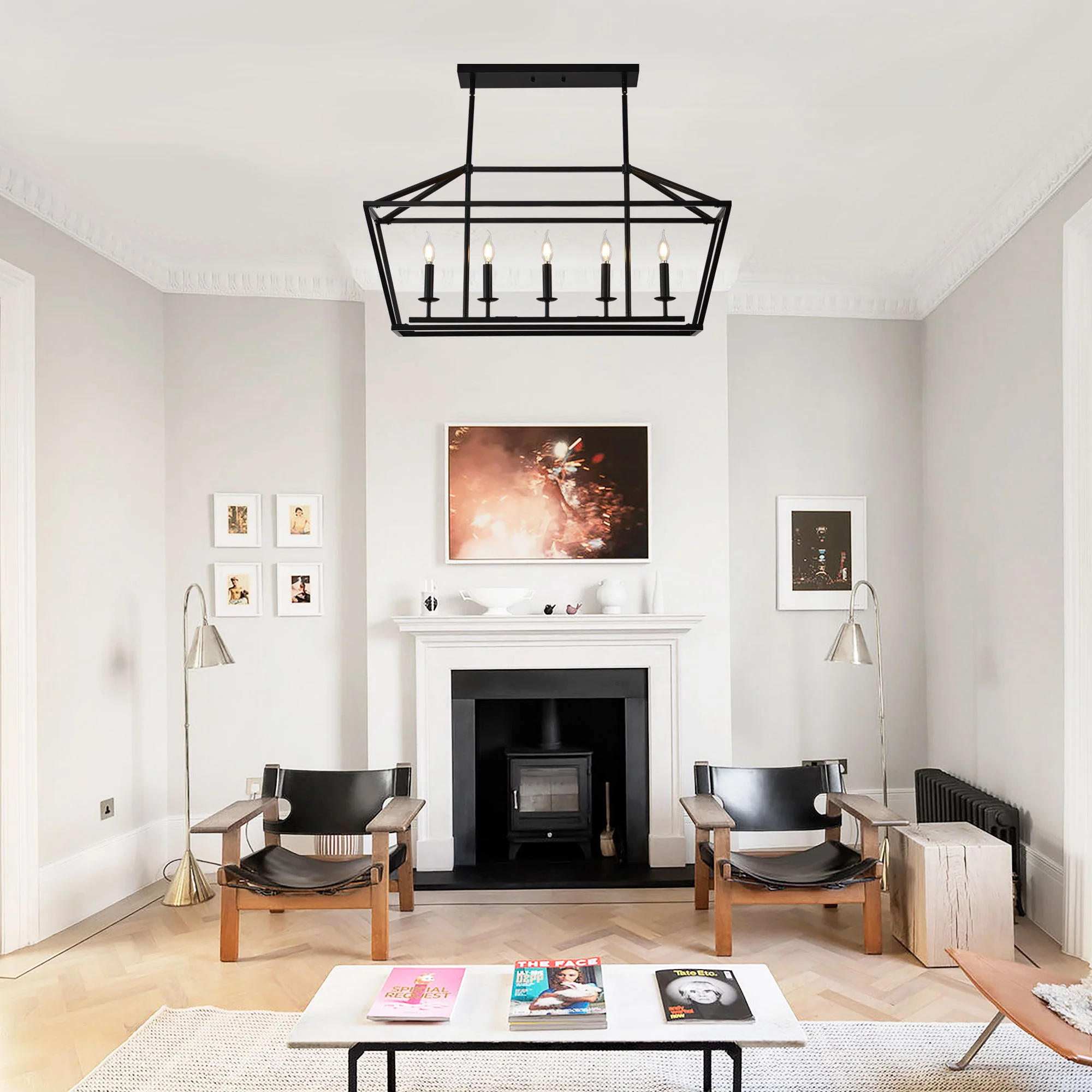 5 Light Farmhouse Kitchen Island Lighting, 5 Light Industrial Linear Chandelier For Dining Room Metal Hanging Pendant Light Fixture For Bedroom Living Room Hallway Conference Room - Matte Black - Image 6