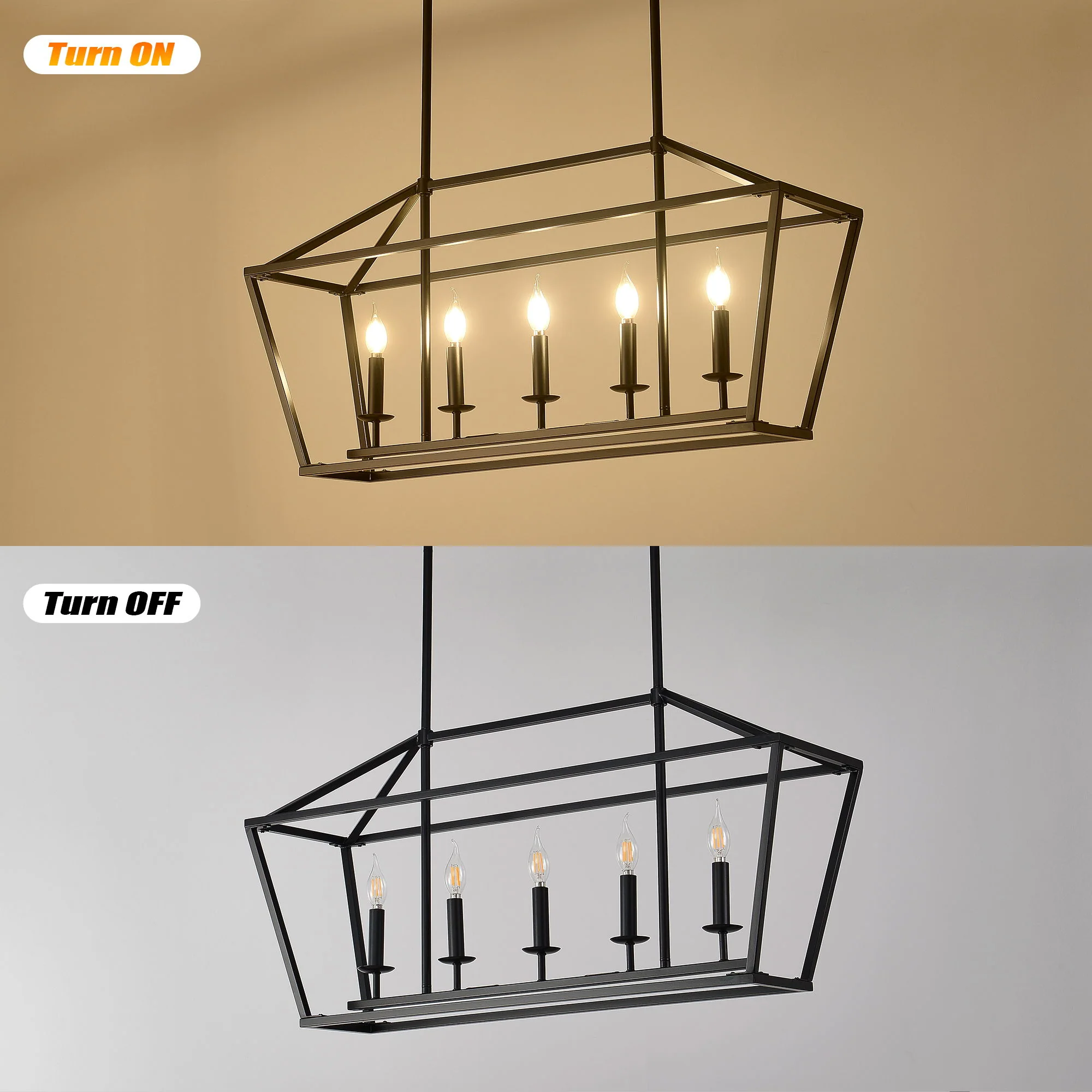 5 Light Farmhouse Kitchen Island Lighting, 5 Light Industrial Linear Chandelier For Dining Room Metal Hanging Pendant Light Fixture For Bedroom Living Room Hallway Conference Room - Matte Black - Image 7