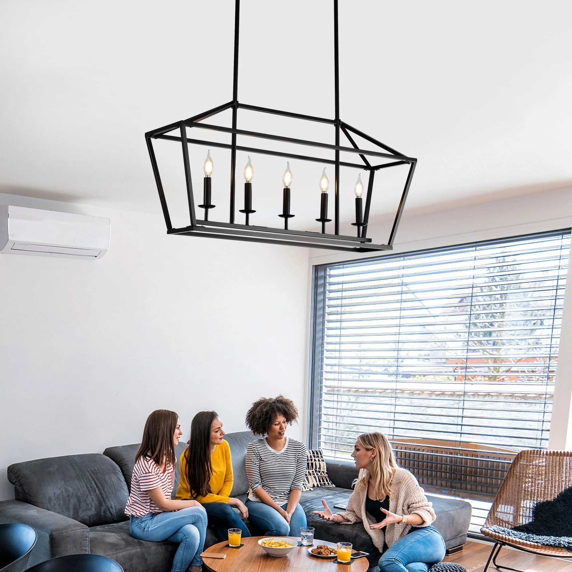 5 Light Farmhouse Kitchen Island Lighting, 5 Light Industrial Linear Chandelier For Dining Room Metal Hanging Pendant Light Fixture For Bedroom Living Room Hallway Conference Room - Matte Black - Image 8