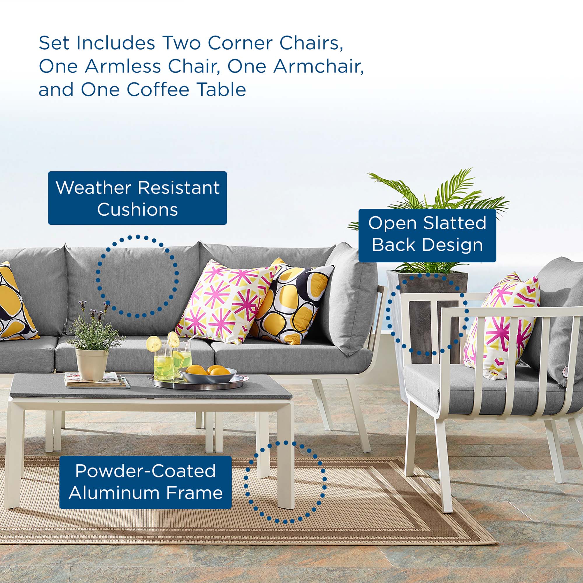 5-Piece Aluminum Outdoor Patio Sofa Set, Modular Sectional Seating with Cushions - Image 20