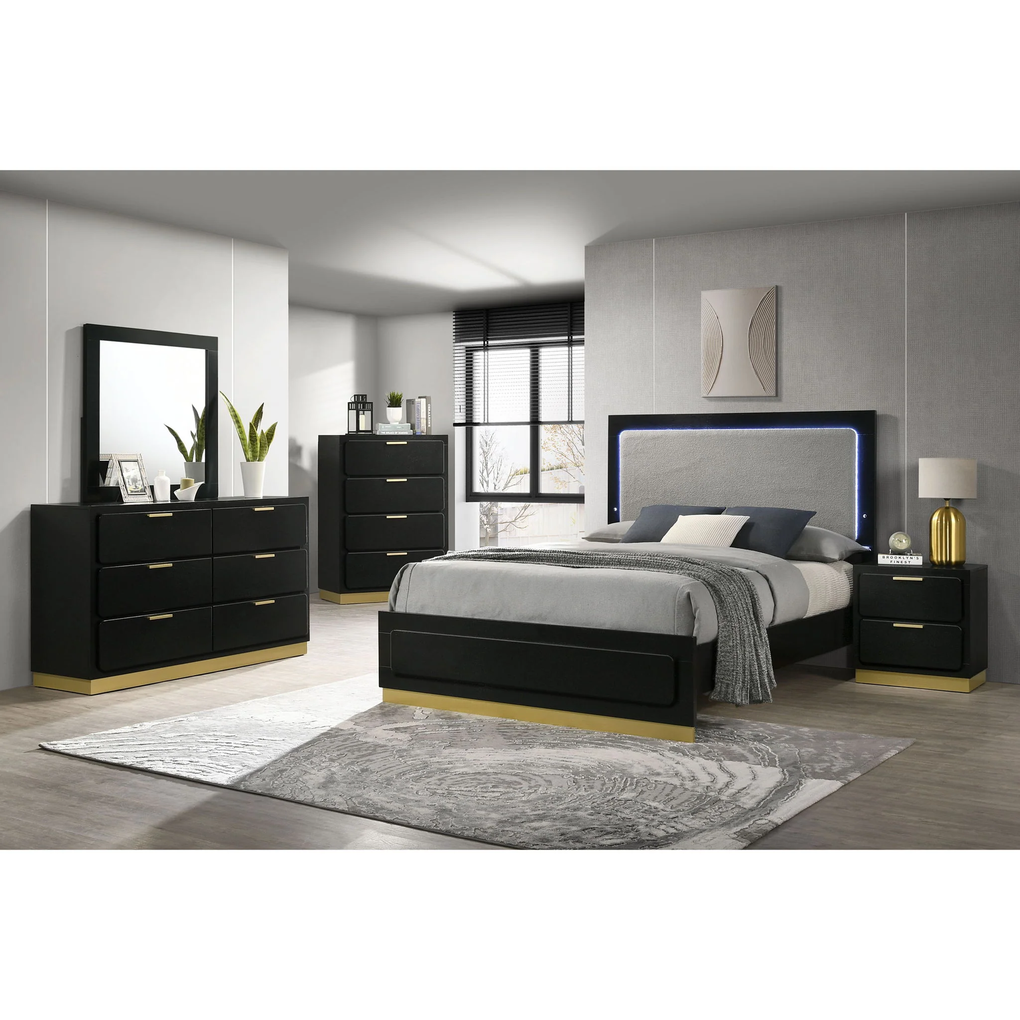 5 Piece California King Bedroom Set With Upholstered Headboard - Black - Image 3