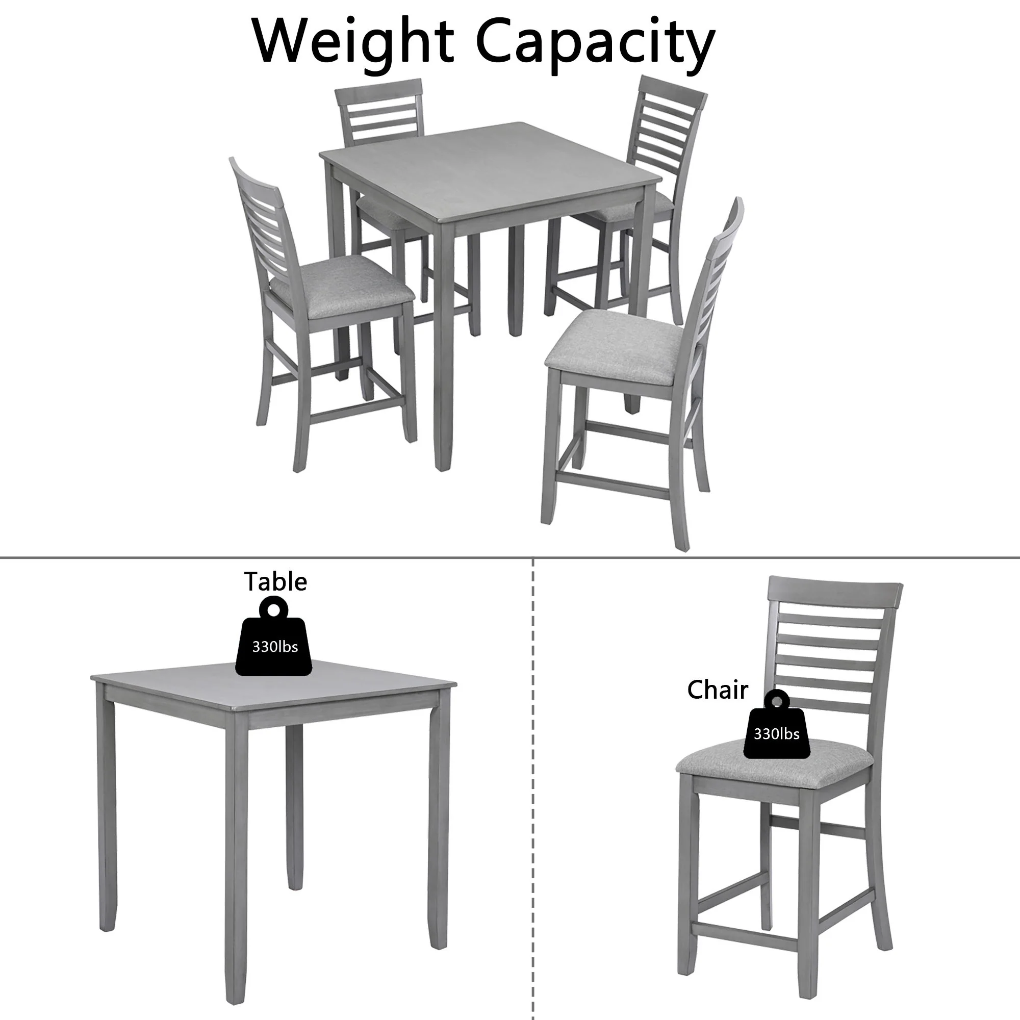 5 Piece Dining Table Set, Wooden Dining Square Table Set For 4, Counter Height Kitchen Table Set With Square Table And 4 Upholstered Chairs - Gray - Image 5