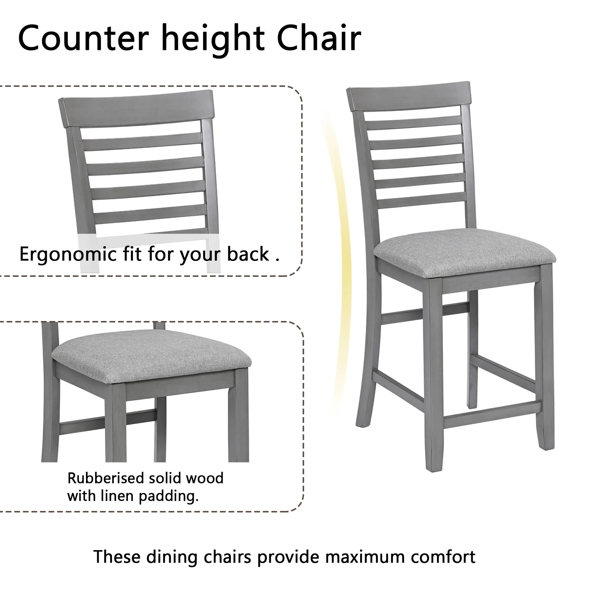 5 Piece Dining Table Set, Wooden Dining Square Table Set For 4, Counter Height Kitchen Table Set With Square Table And 4 Upholstered Chairs - Gray - Image 6