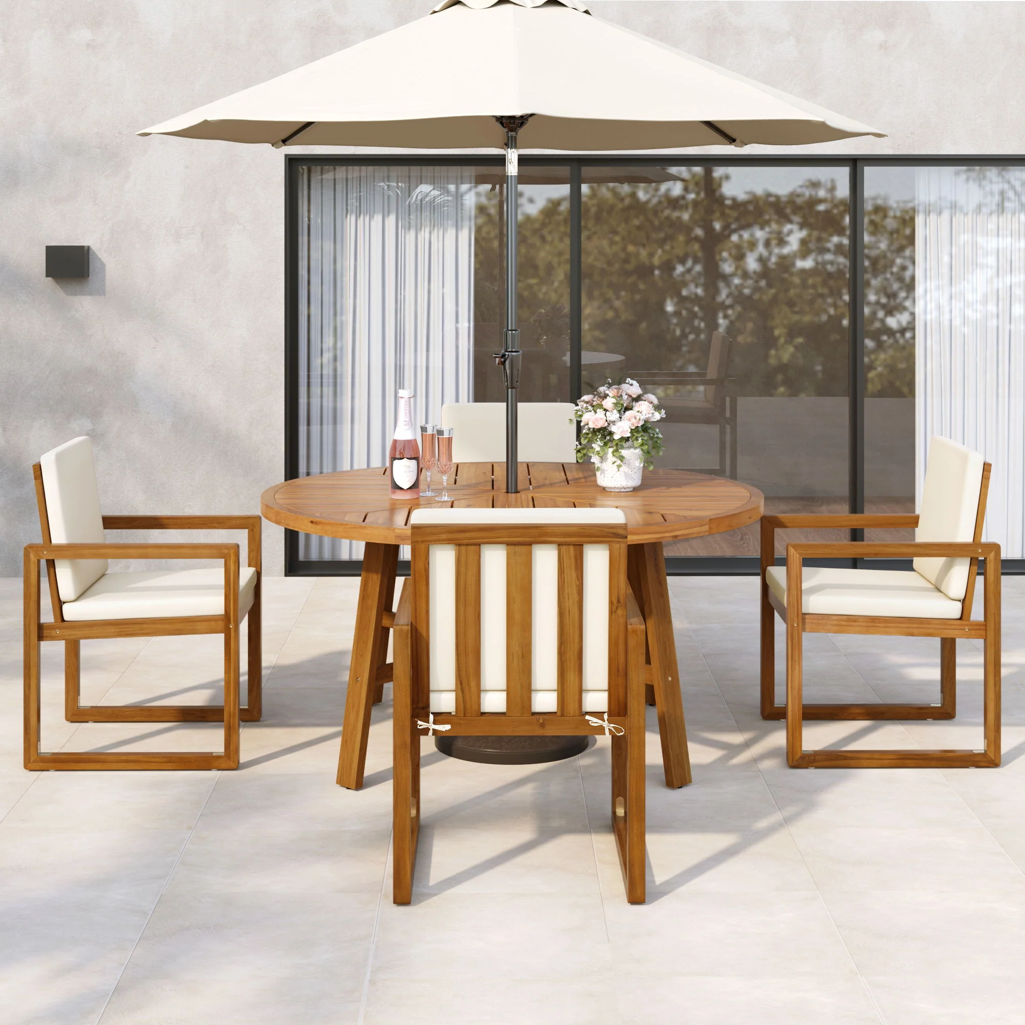 5 Piece Outdoor Patio Dining Set With 4 Armchairs And Table - Beige - Image 9