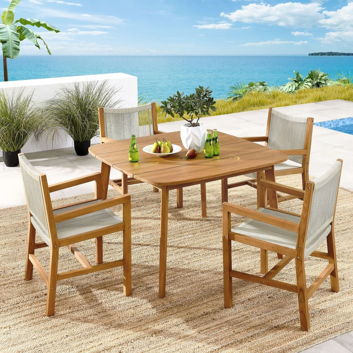 5-Piece Outdoor Teak and Rope Dining Set with Armchairs for Patio and Garden - Image 21