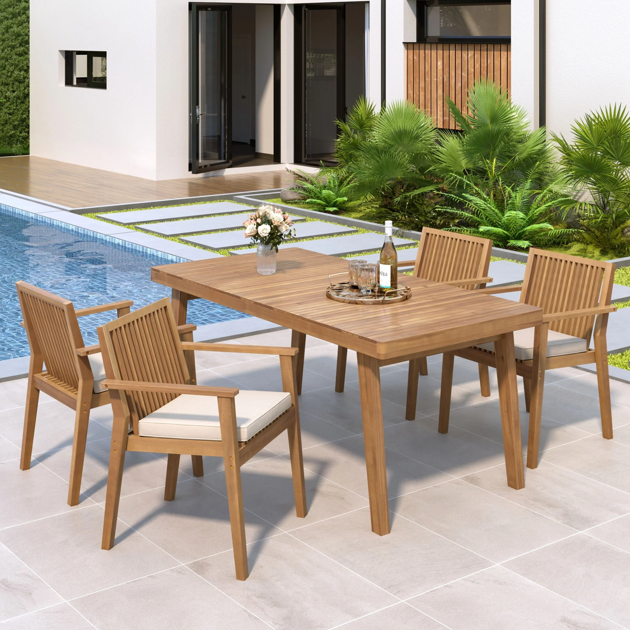 5 Piece Patio Furniture Set Acacia Wood Table And 4 Heavy Duty Cushioned Chairs - Image 8