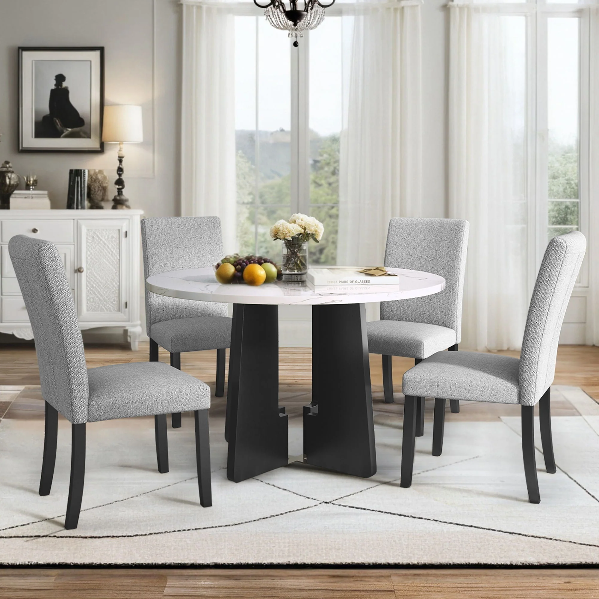 5 Piece Round Dining Table Set, Dining Table And 4 Upholstered Chairs For Dining Room, Kitchen Room, Living Room - White / Gray - Image 8