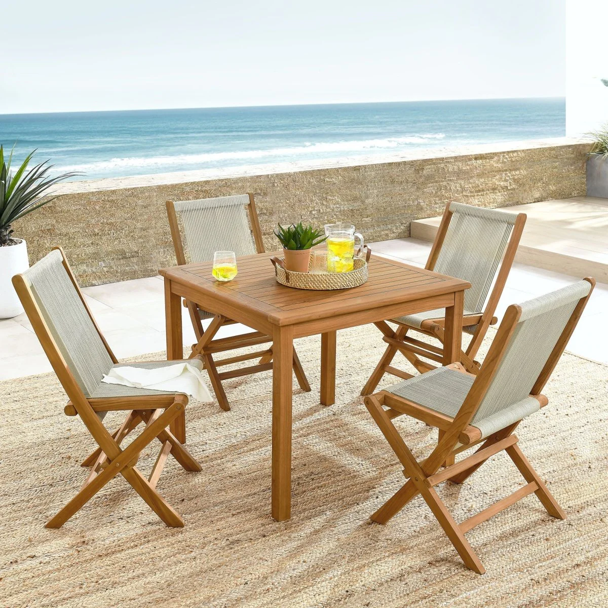 5-Piece Teak Wood Outdoor Dining Set with Rope Folding Chairs for Patio & Garden - Image 13