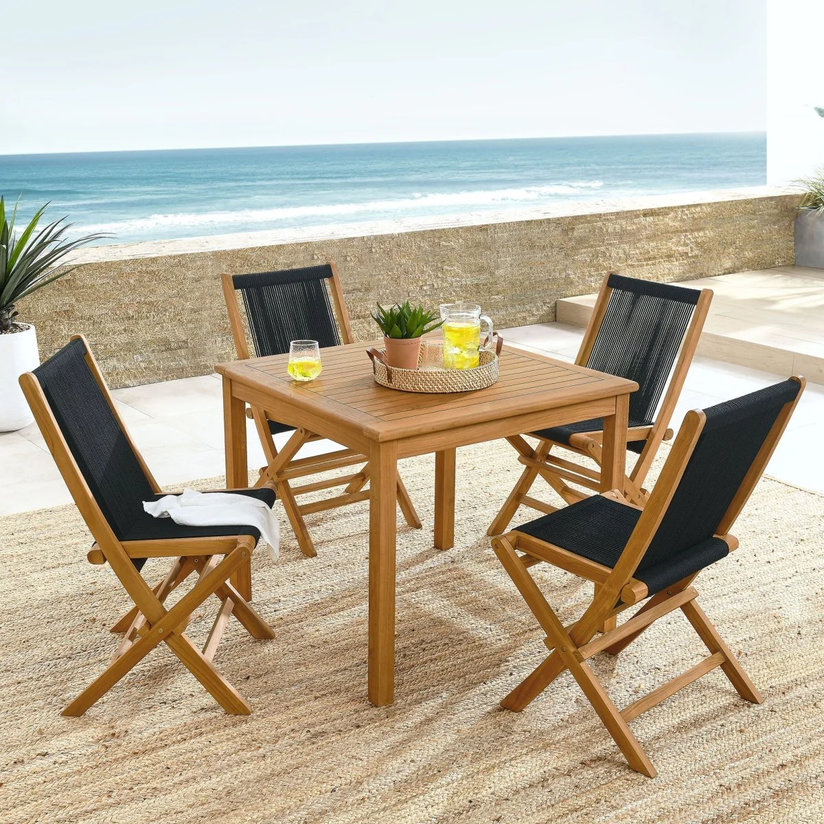 5-Piece Teak Wood Outdoor Dining Set with Rope Folding Chairs for Patio & Garden - Image 23