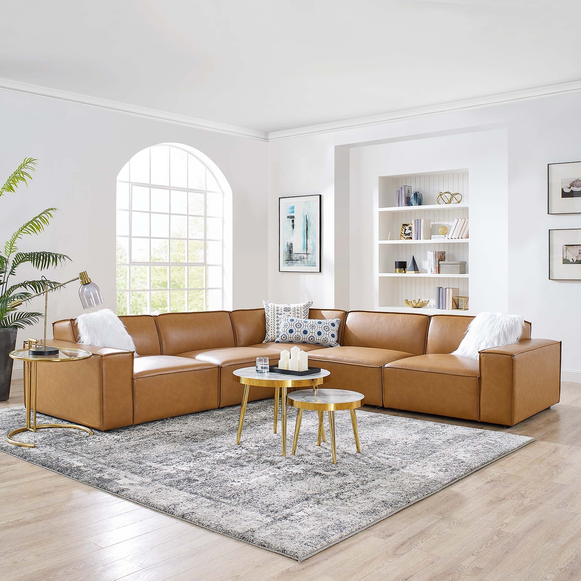 5-Piece Vegan Leather French Piping Sectional Sofa 168 Inch in Tan - Image 2