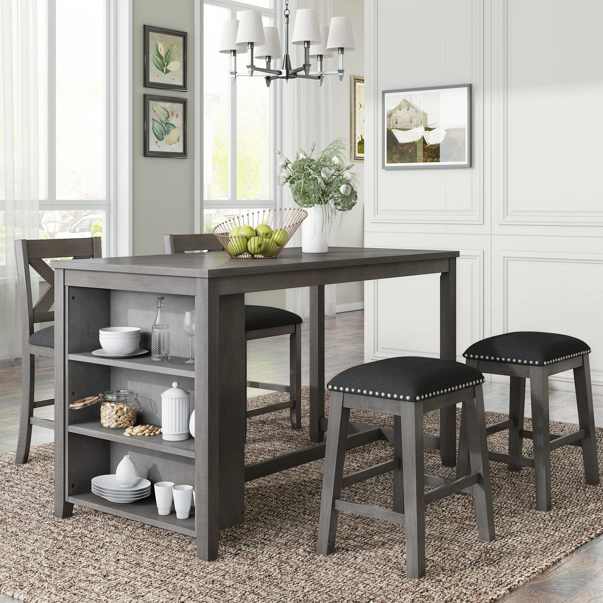 5 Pieces Counter Height Rustic Farmhouse Dining Room Wooden Bar Table Set With 2 Stools And 2 Chairs - Image 7