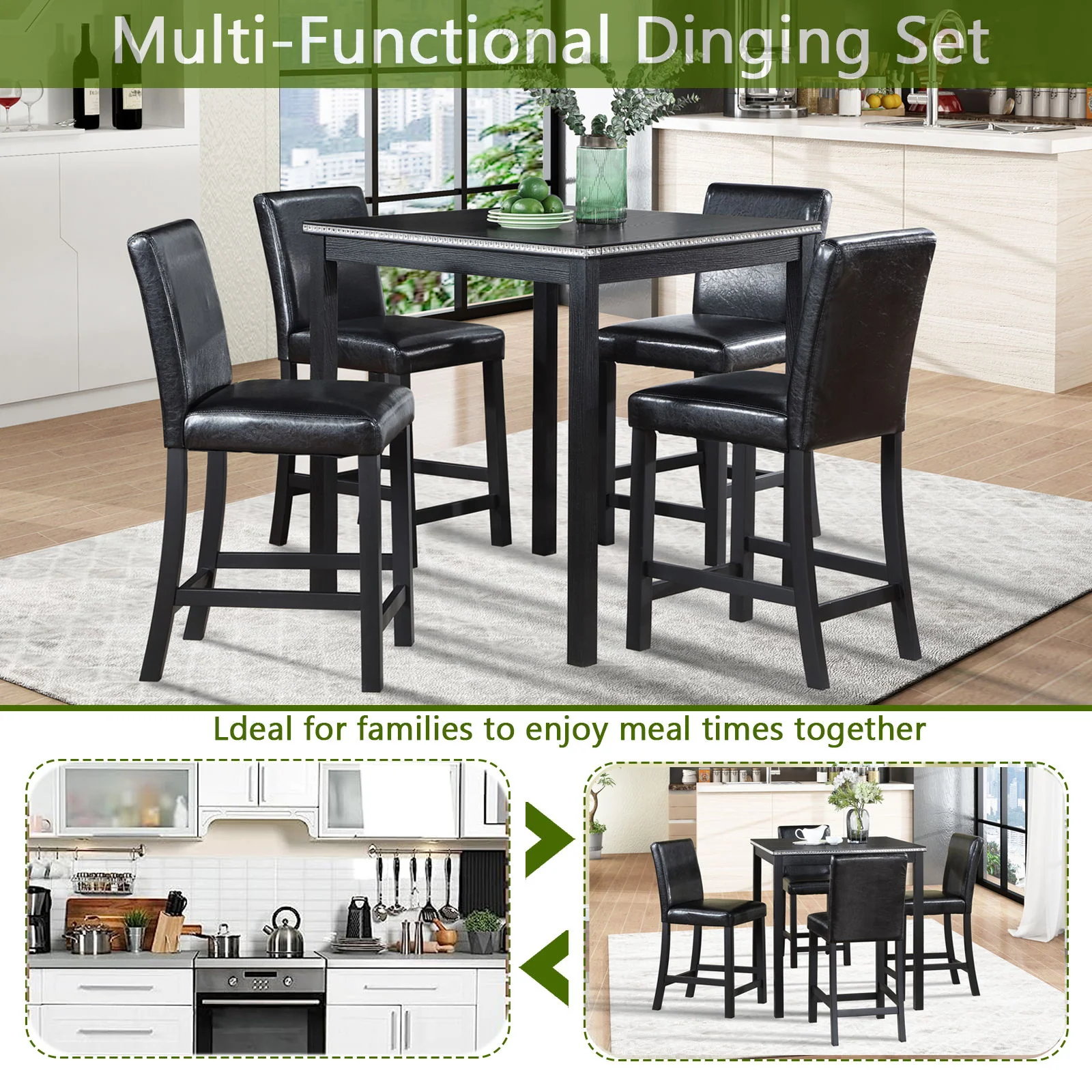 5 Pieces Counter Height Table Set, Kitchen Table With Square Table And 4 Upholstered Chairs - Image 10
