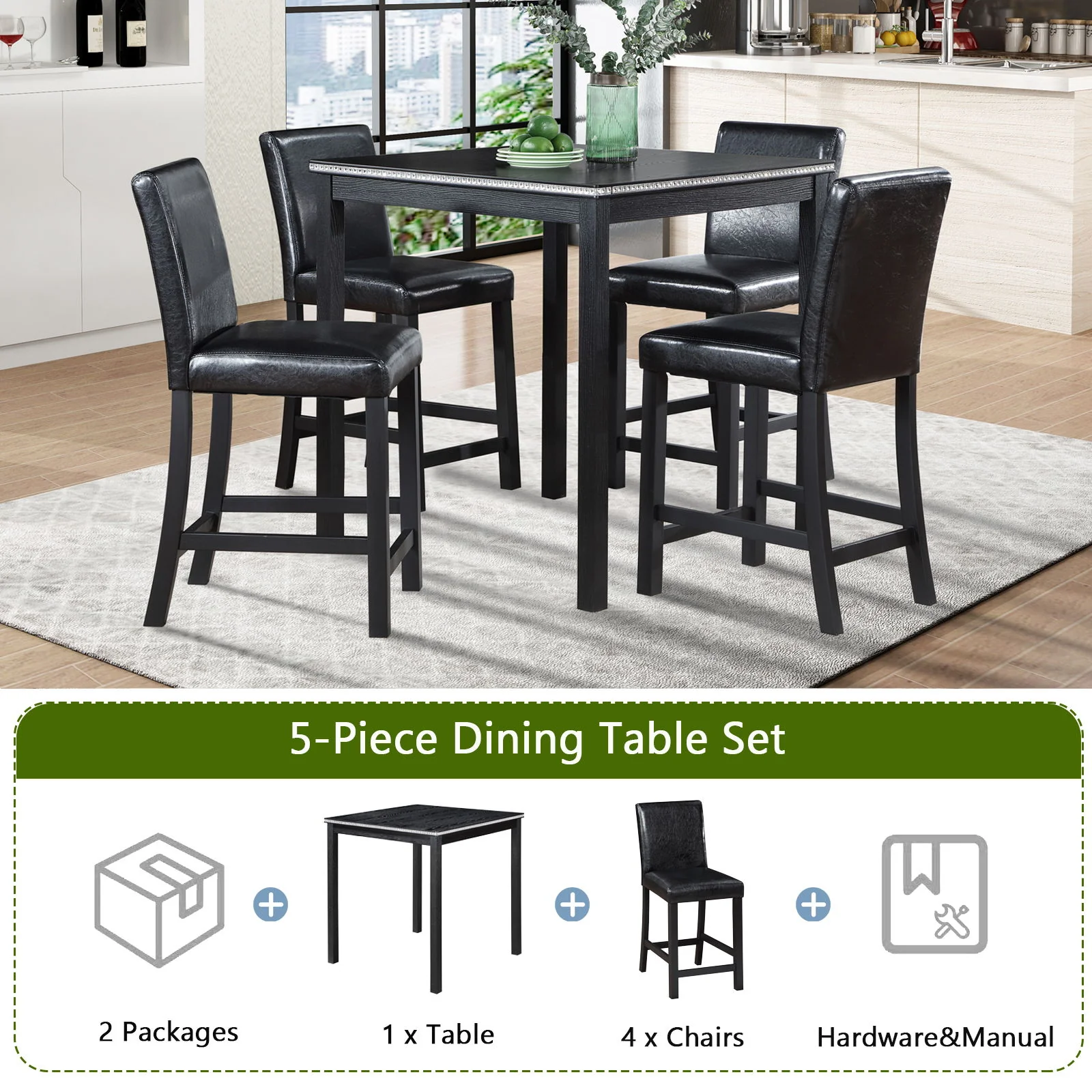 5 Pieces Counter Height Table Set, Kitchen Table With Square Table And 4 Upholstered Chairs - Image 9