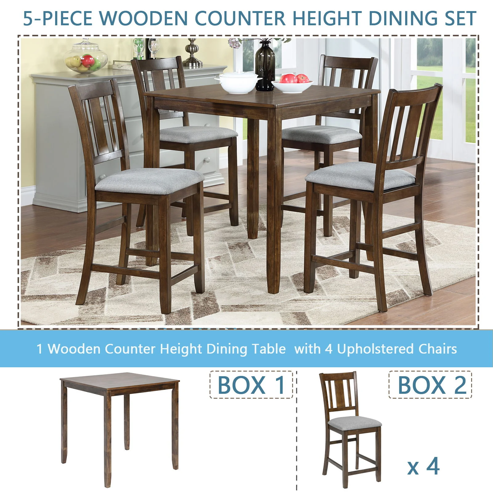 5 Pieces Dining Table Set, Counter Height Kitchen Table Set With Square Table And 4 Upholstered Chairs - Image 6