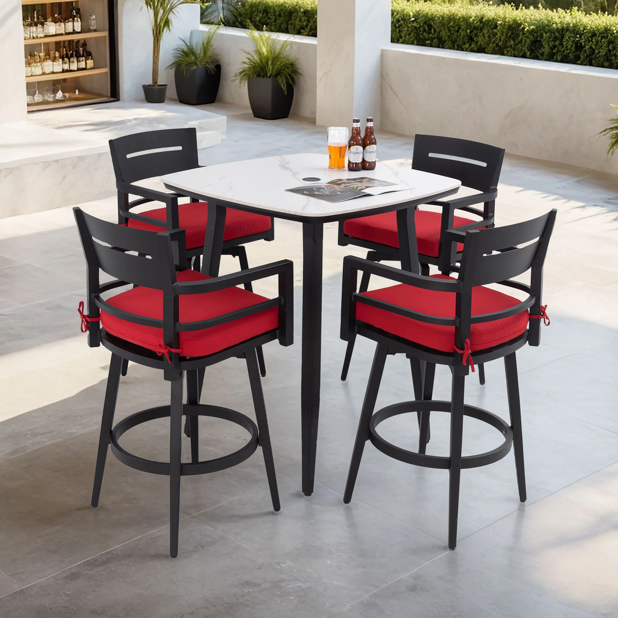 5 Pieces Outdoor Patio Bar Set, Rounded Square Sintered Stone Table & 4 Swivel Bar Chairs - Image 6
