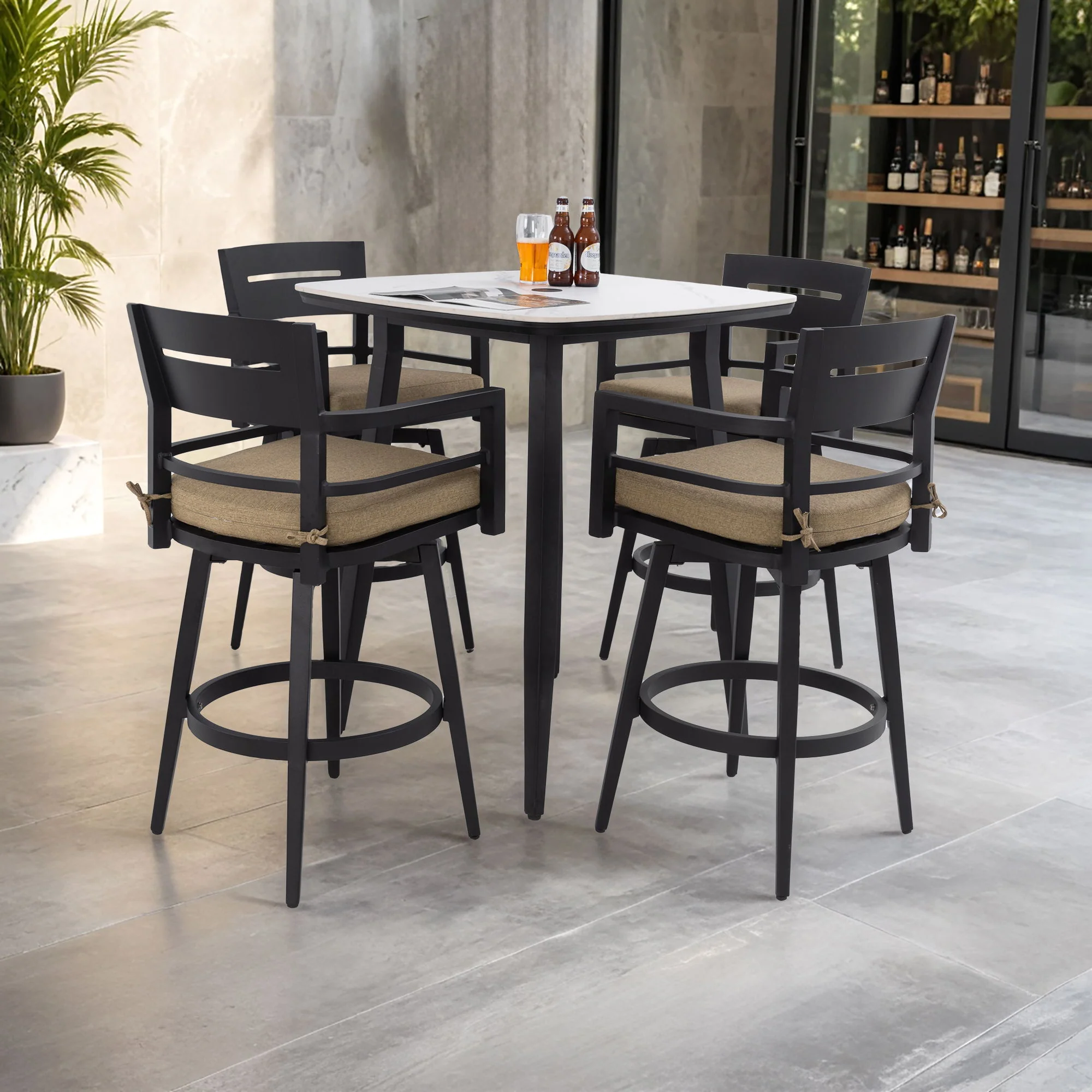 5 Pieces Outdoor Patio Bar Set, Rounded Square Sintered Stone Table & 4 Swivel Bar Chairs - Image 8