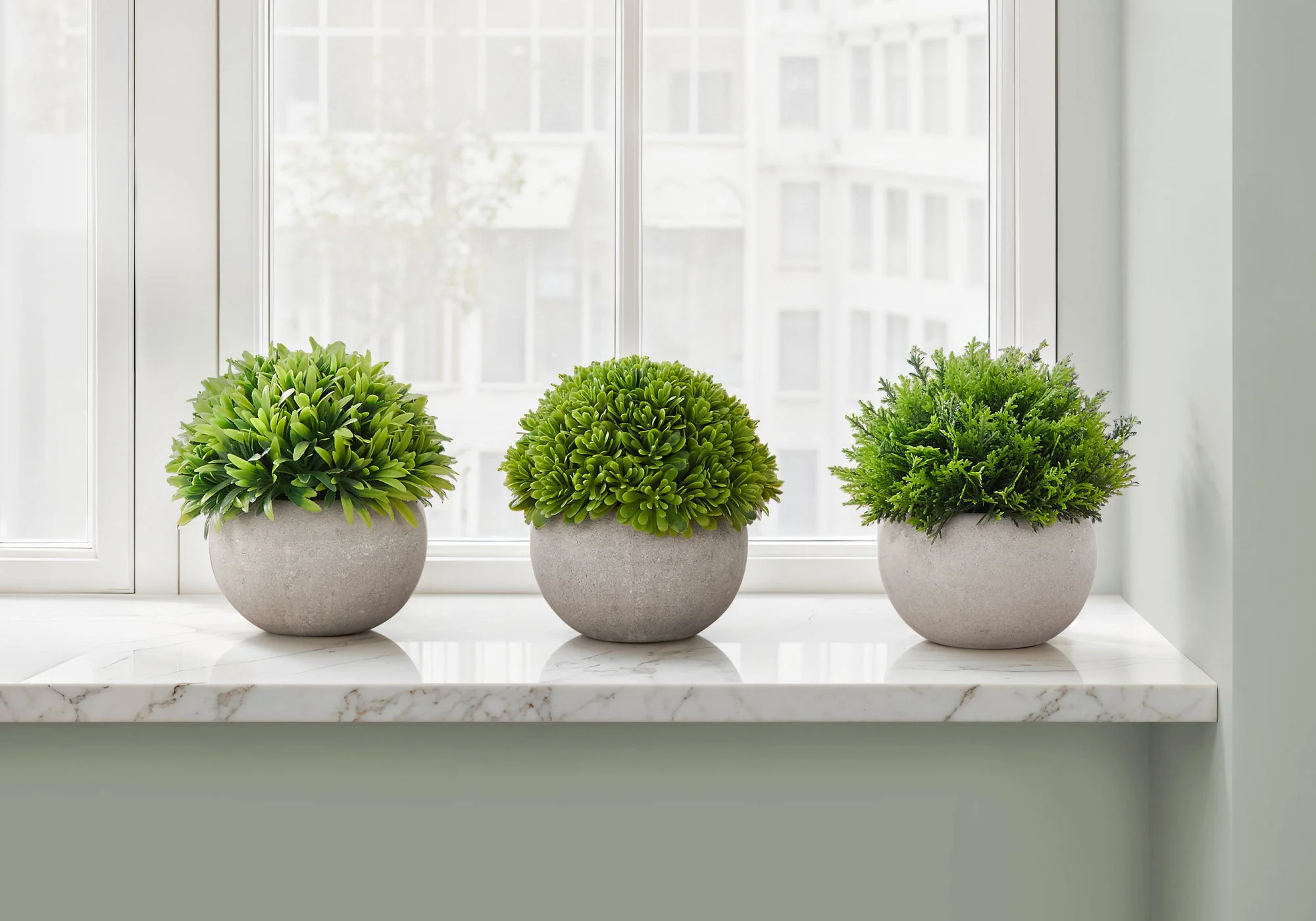 5" Tall, Artificial Plant, Grass, Indoor, Faux, Fake, Table, Greenery, Potted, Decorative (Set of 3) - Green / Gray