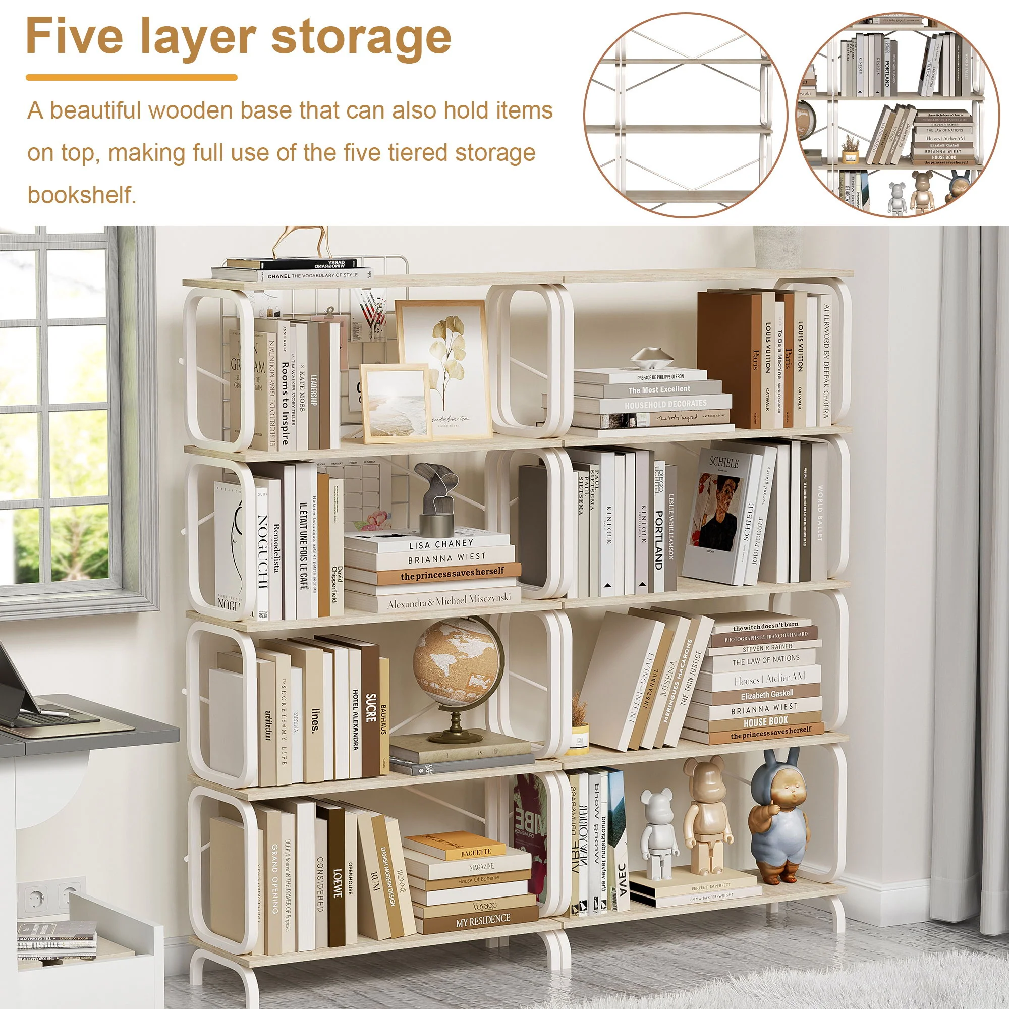 5 Tier Industrial Bookshelf, Tall Bookcase With Open Design, Vintage Storage Organizer - Image 8