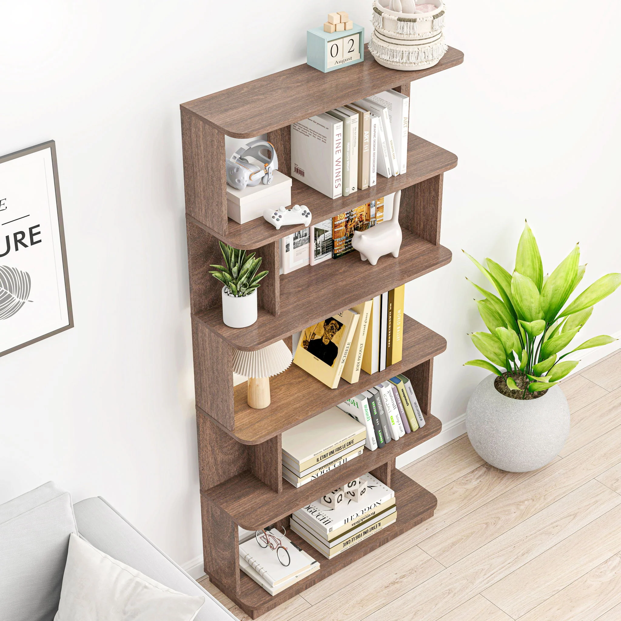 5 Tier Open Bookshelf, Free Combination Storage Shelving For Living Room - Dark Brown - Image 5