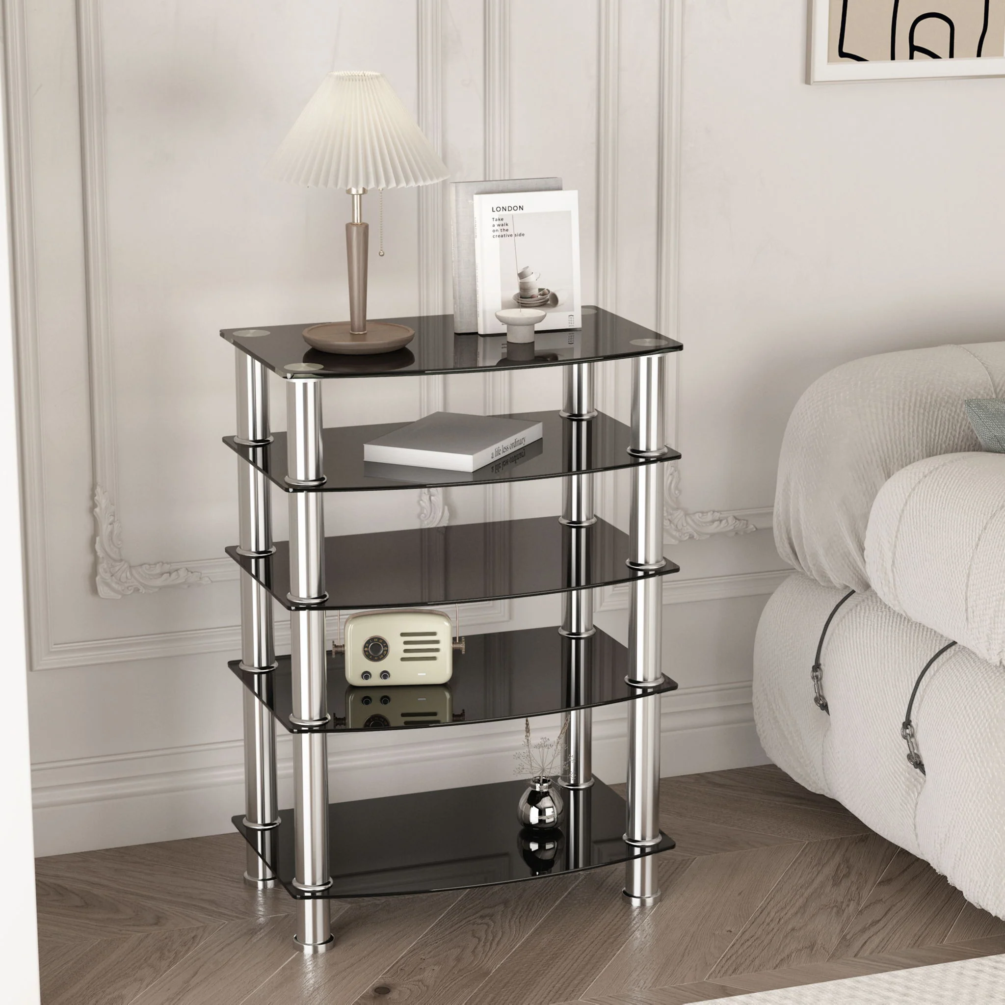 5 Tier Tempered Glass Side Table, Stainless Steel Frame End Table For Living Room, Bedroom - Black - Image 5